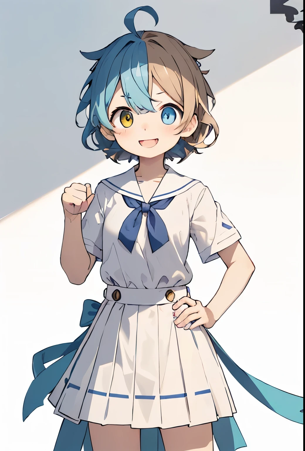 white background、Solid white background、blank background、Upper body photographed from the front,(high quality, Breathtaking),(delicate eyes, perfect face)solo, Stand with your body straight without tilting your head、For square winding、Era: late 20s, light blue point colorの頭髪、Standing picture、 Standing with your hands on your hips、Facing the front and making a confident pose、beautiful eyes、open your mouth without showing your teeth、girl smiling from the front、Smile with mouth wide open、odd eye, Heterochromia - left eye is brown、The right eye is light blue.open your mouth wide、two color hair、light blue point color、brown hair, , medium shoulder length hair,well-groomed hair, undisturbed hair、side bangs, For square windingの衣装、white school uniform,white short sleeve shirt,white pleated skirt,loafers,