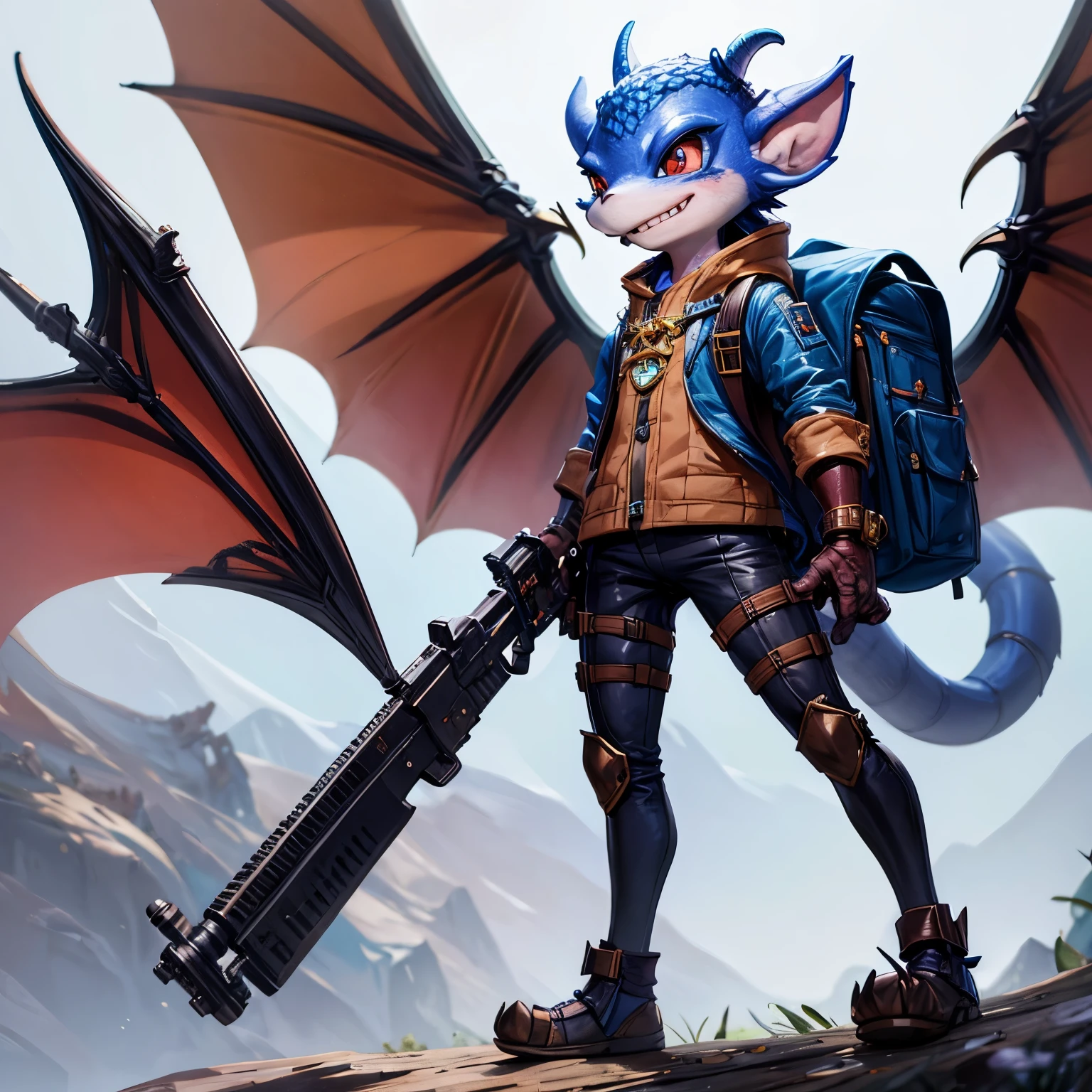 (((Kobold)), (detailed kobold)), wearing engineering coat and pants, kobold tail, draconic, fully scaled, blue scales, side view, looking around with a smile, blush, holding a two-handed rifle, perspective, finely detailed paws, adventure backpack, vials, narrow face, cute, androgynous, solo, no ears, fantasy, horns on head,