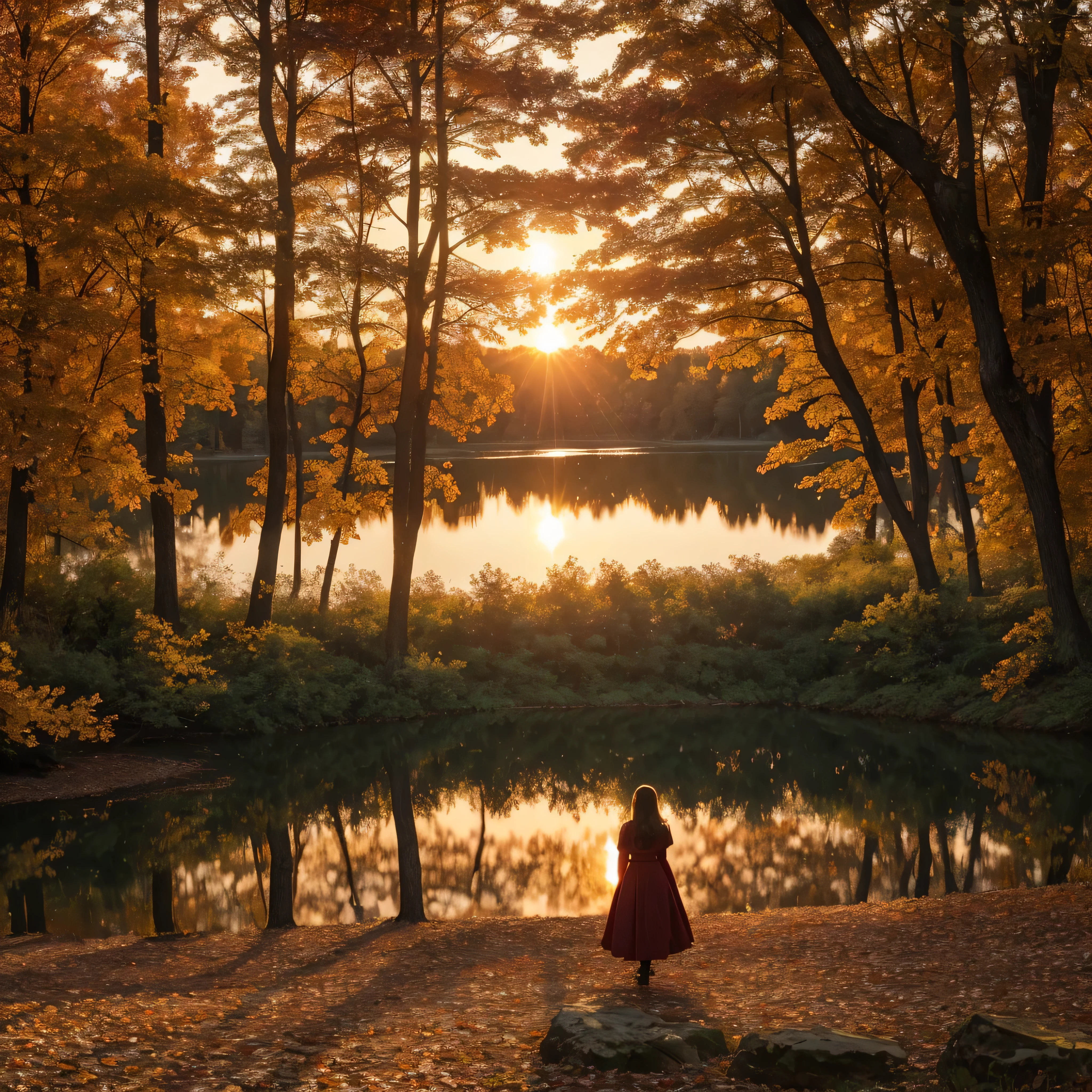 surrealism, hyper realism, verism, Hmm, masterpiece, Accurate, high quality, advanced details, 最high quality, 8k, forest, autumn, evening, The setting sun turns red, lake, the girl is at the water&#39;s edge.