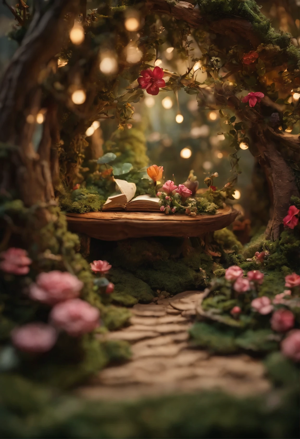 Scenes Within Scenes, Craft compositions where smaller details unfold within a larger scene, An enchanting forest scene hidden within the petals of a blossoming flower or A cozy living room diorama concealed within the pages of an oversized novel, masterpiece, whimsical, 4k