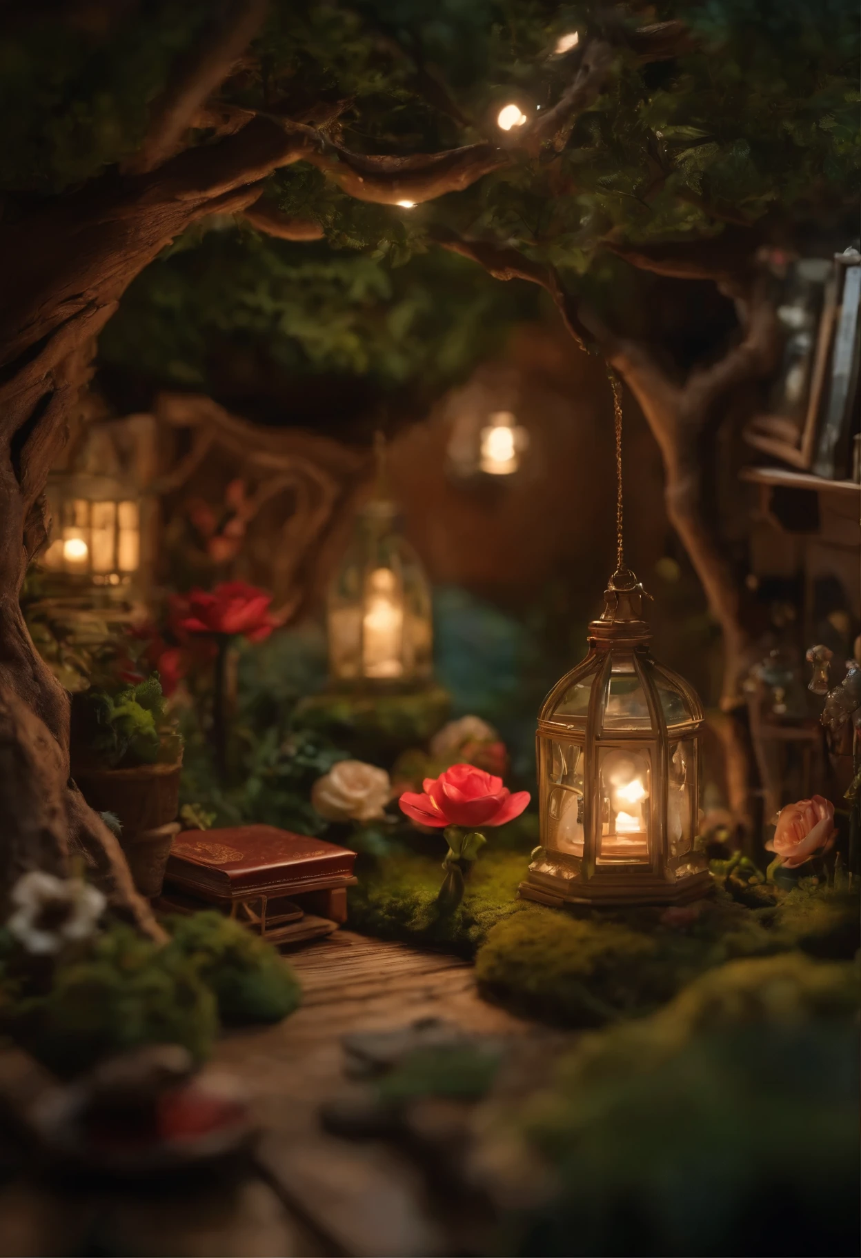 Scenes Within Scenes, Craft compositions where smaller details unfold within a larger scene, An enchanting forest scene hidden within the petals of a blossoming flower or A cozy living room diorama concealed within the pages of an oversized novel, masterpiece, whimsical, 4k