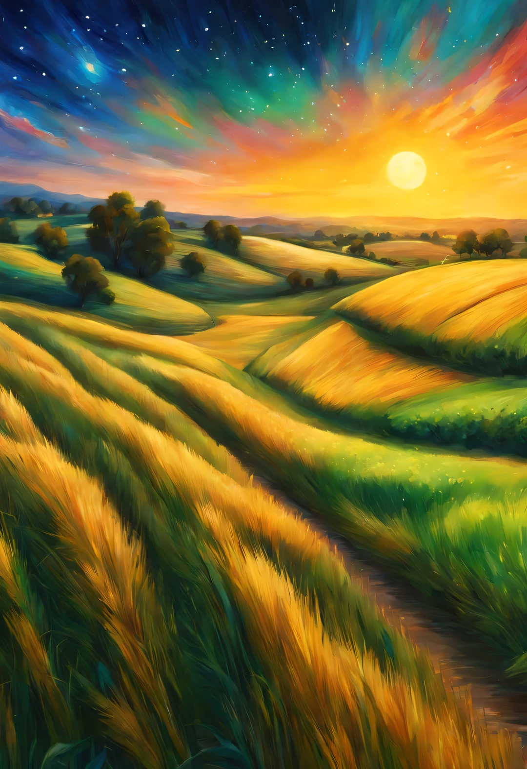 best quality, 4k, 8k, high-rise, masterpiece: 1.2, Super detailed, actual: 1.37, Beautiful and delicate eyes, Beautiful and delicate lips, Extremely detailed eyes and face, long eyelashes, wheat field, stagnant sky, dreamy atmosphere, bright color palette, Vibrant shades, Impressionist brushstrokes, Subtle lighting effects, sunset on the horizon, Lush green landscape, Wheat dances in the wind, A Peaceful and tranquil atmosphere, Harmony between nature and sky, Playful shadows and highlights, textured brushstrokes, Abundant and vibrant crops, Endless golden wheat ears, dusk atmosphere, Tranquil pastoral scenery, Shining stars light up the night, Star clusters shine in the universe, magnificent starry night, Peaceful and tranquil atmosphere, Quiet environment、Picturesque, Inspired by the style and techniques of Van Gogh, Sublime and atmospheric depiction, ethereal beauty, and charming celestial phenomena.