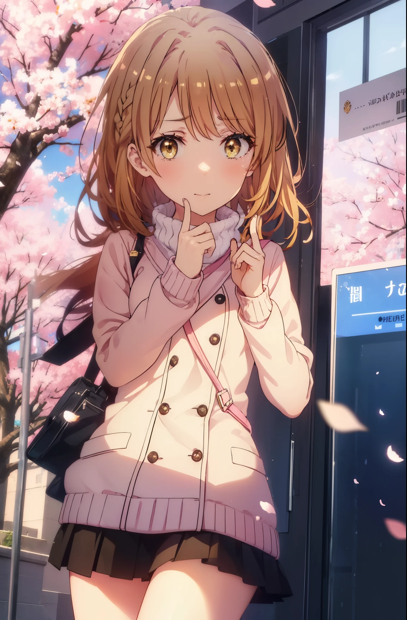 irohaisshiki, iroha isshiki, long hair, short braided hair,ponytail,brown hair, (brown eyes:1.5), smile,yellow muffler,pink long coat There is space in front,white sweater,black long skirt,short boots,Big tears are running down her face,Crying with joy,cry a lot,A piece of paper with a large number of numbers written on it is pasted on the bulletin board in front of the school building.,happy crowd,cherry blossoms are blooming,Cherry blossoms are scattered,pink scenery,Announcement of university results,
break outdoors, University buildings,
break looking at viewer,
break (masterpiece:1.2), highest quality, High resolution, unity 8k wallpaper, (figure:0.8), (detailed and beautiful eyes:1.6), highly detailed face, perfect lighting, Very detailed CG, (perfect hands, perfect anatomy),