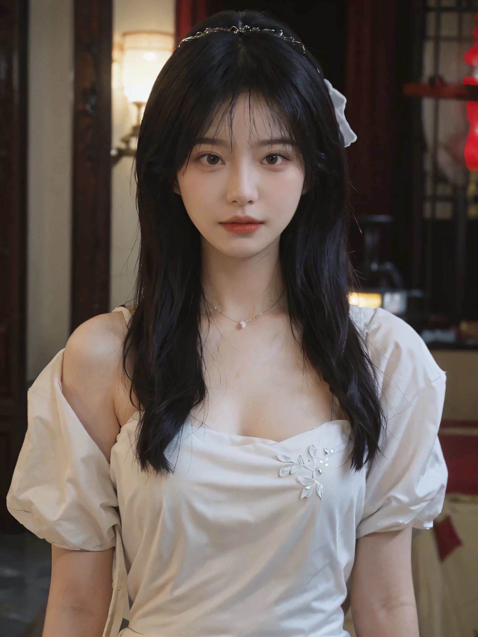 best quality, ultra high resolution, (realistically:1.4),cute hairpin,Baoyu Girl,Standing in the wedding hall,Fairy spirit fluttering,(flat chest:1.2) ,A pair of clear and charming peach blossom eyes,red wedding dress,Royal sister,The sun shines on the face,Big wavy hairstyle,(necklace:1.2),(White skin:1.4),a sense of atmosphere,a beautiful girl,Looking directly at the viewer, Close-up cleavage ,(lifelike:1.4),1 girl,Sexy,(Upper body:1.4),(wet),(:1.2)