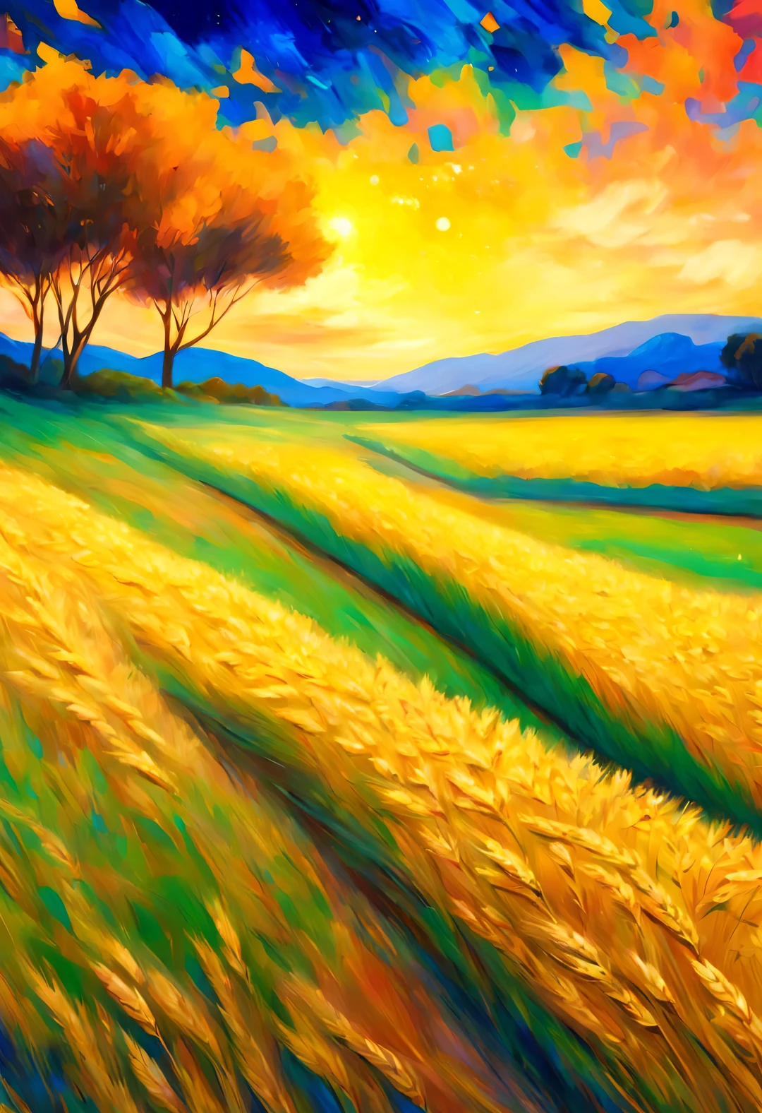 best quality, 4k, 8k, high level, masterpiece: 1.2, Super detailed, actual: 1.37,
wheat field, stagnant sky, dreamy atmosphere, bright color palette, Vibrant shades, Impressionist brushstrokes, Subtle lighting effects, sunset on the horizon, Lush green landscape, Wheat dances in the wind, Peaceful and tranquil atmosphere, Harmony between nature and sky, Playful shadows and highlights, textured brushstrokes, Abundant and vibrant crops, Endless golden wheat ears, dusk atmosphere, Tranquil pastoral scenery, The night is illuminated by shining stars, And the shining star clusters in the universe. magnificent starry night, Calm and peaceful atmosphere, Tranquil and picturesque setting inspired by Van Gogh&#39;s style and technique, Describe the noble atmosphere, ethereal beauty, and fascinating celestial phenomena.