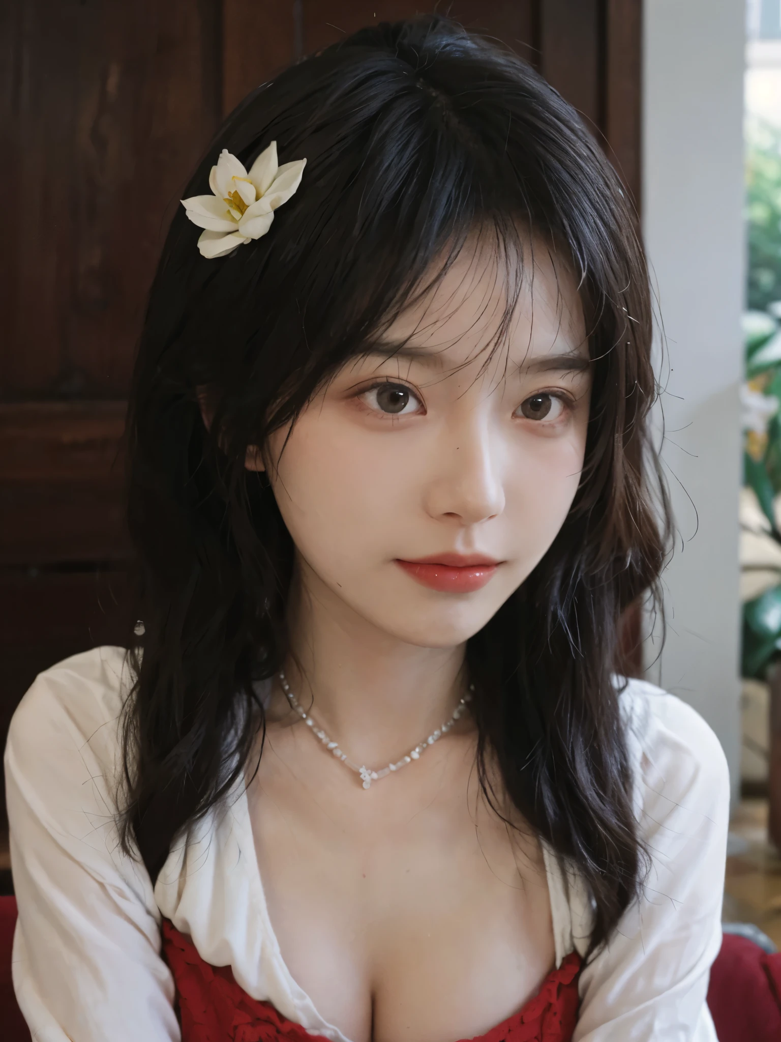 best quality, ultra high resolution, (realistically:1.4),cute hairpin,Baoyu Girl,Standing in the wedding hall,Fairy spirit fluttering,(flat chest:1.2) ,A pair of clear and charming peach blossom eyes,red wedding dress,Royal sister,The sun shines on the face,Big wavy hairstyle,(necklace:1.2),(White skin:1.4),a sense of atmosphere,a beautiful girl,Looking directly at the viewer, Close-up cleavage ,(lifelike:1.4),1 girl,Sexy,(Upper body:1.4),(wet),(:1.2)