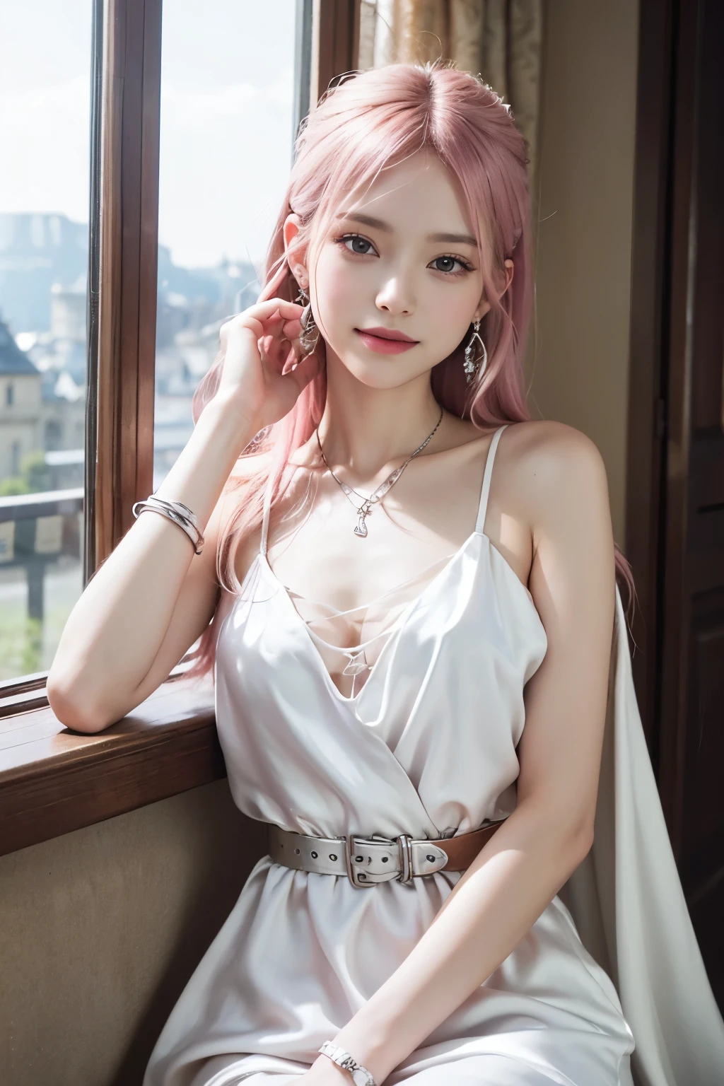 (8K, top-quality, masterpiece:1.2), (reallistic, Photorealsitic:1.37), Super Detail, One girl, (Highly detailed), (beautifully detailed eyes), (of the highest quality), (super detailed ), (masterpiece), (Detailed face), 20yr old, 1 girl, (pink hair, long hair), medium breasts, clothed, Perfect Lighting, BREAK, (white dress:1.4), (silk:1.3), (off-shoulder neckline:1.2), (silver belt:1.2), (slit hem:1.2), (silver pumps:1.2), (silver necklace:1.2), (silver earrings:1.2), BRAKE, (full body shot:1.2), (pink long hair side swept behind ear:1.2), (slight smile looking up:1.2), (left hand on waist right hand on dress hem:1.2), (castle in the background:1.2), (light from castle windows highlighting dress:1.2)