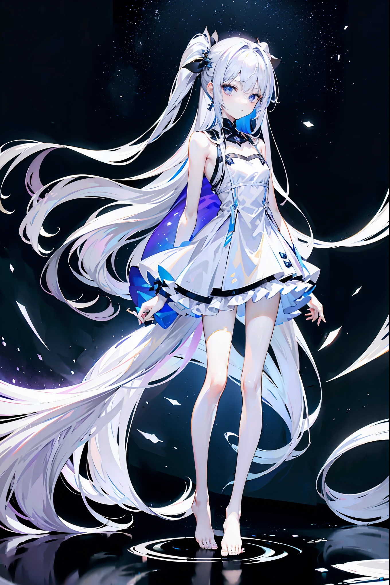 Lilac gradient hair,asymmetrical hair,（（Hair is very thick 1.8，chiselled head 1.6））， hair past shoulders, messy hair, 很long头发, shiny hair，(long gray hair:1.2),a beautiful girl，（Luxury Platinum Mini Ultra Short Platinum ta，Made of transparent material），（Transparent clothes transparent 1.8），Perfect body，long, thin legs，slim，(looks sad，Looking haggard ，sad，shut up：1.2） Against the backdrop of an unusually bright dark starry sky，（Put your hands behind your back），（round,extra large size, strong chest），barefoot，float，water surface，（long legs，long legs，long legs，Legs wrapped in bandages），Full body image。