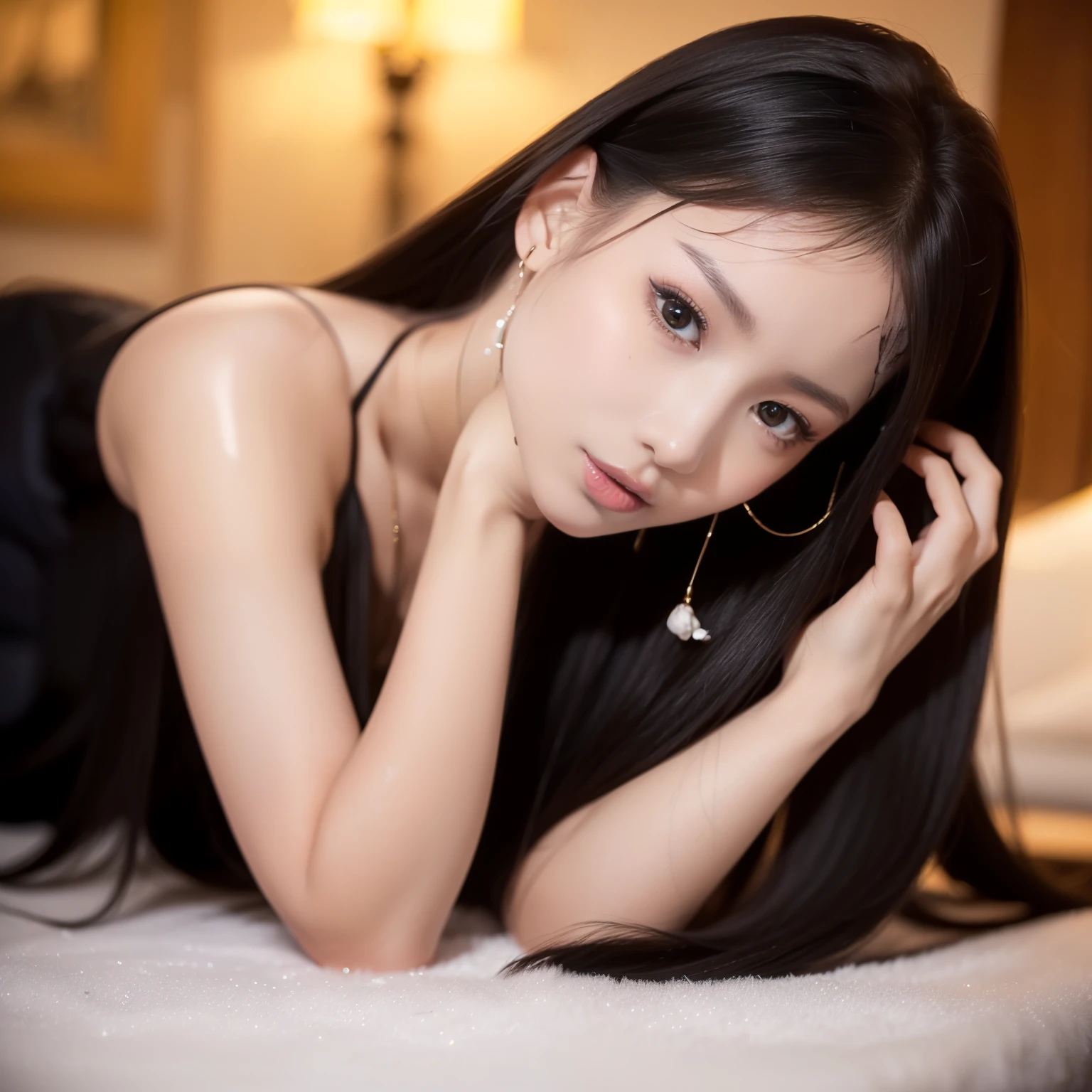 (best image quality、highest quality、highest resolution、Super realisticな写真撮影、full body photo、masterpiece、）1 girl、Amazingly long black hair is super beautiful、hair length about 3 meters、white underwear or naked、Hide your whole body with straight black hair、very beautiful face、Beautiful well-groomed black hair、very large amount of hair、Long black hair that emphasizes the sexiness of a woman、slim body shape、shiny beautiful hair、bright lighting、professional lighting、World long hair contest winner、full body real photo、head to toe photo、Photographed from approximately 4 meters away、Super realistic、both hands、2 feet、five fingers、longest black hair in the world、My hair is heavy and I&#39;m tired、hair longer than rapunzel、very large amount of hair、She has very long black hair that covers her entire body.、Hair that is shampooed every day is very beautiful、The scent of sexy hair like roses、i have very long black hair、my charm is、i have very long black hair、Long black hair is a symbol of beauty、My pride is very long black hair、This long hair length and volume is admired all over the world、Very long black hair spread out in a fan shape、backwards、sleep on your stomach、Smooth black hair flowing from shoulders to floor、I always walk with my long black hair dragging、unravel long hair、