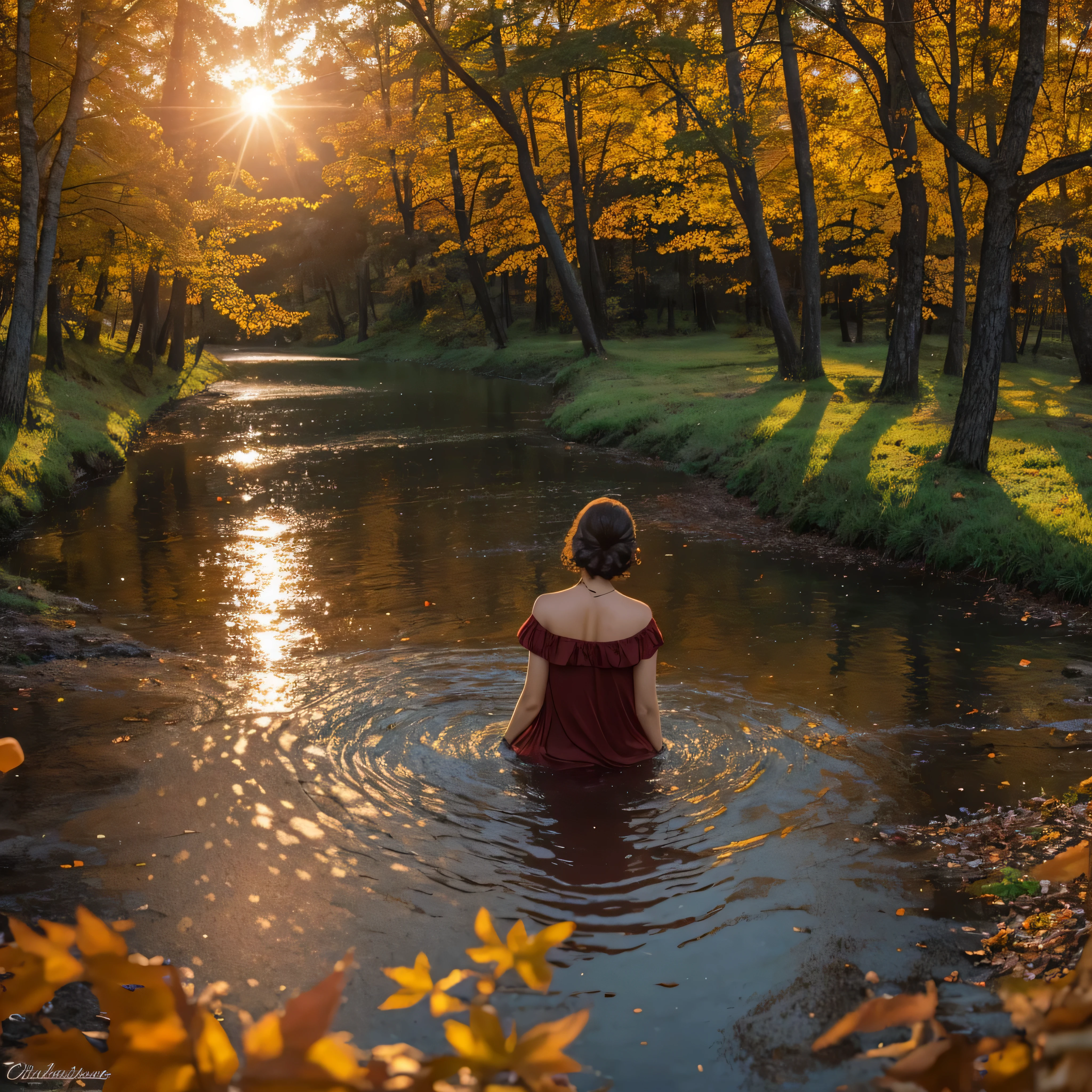 surrealism, hyper realism, verism, Hmm, masterpiece, Accurate, high quality, advanced details, 最high quality, 8k, forest, autumn, evening, The setting sun turns red, lake, the girl is at the water&#39;s edge.