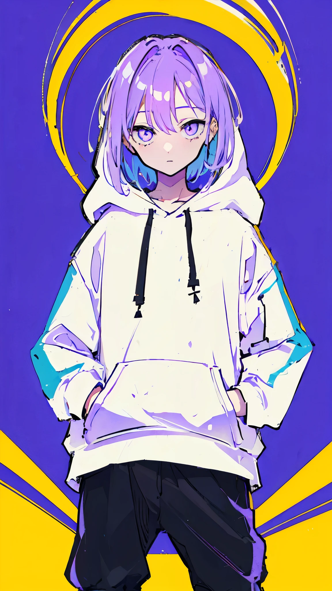 (masterpiece, highest quality:1.6), alone, thick outline, (pastel, simple background, light purple background, monochrome, light purple theme:1.2), official art, Key Visual, 8K, disorganized, whole body, (unique hair, oversized hoodie, hot pants, arch back, short torso:1.2), belly button, thighs, cowboy shot, HDR, sharp focus, High resolution, most detailed, very detailed, Super detailed, finely, detailed eyes and face, sharp pupils, realistic student, solo, contrast between purple and white, solo, hands in pockets