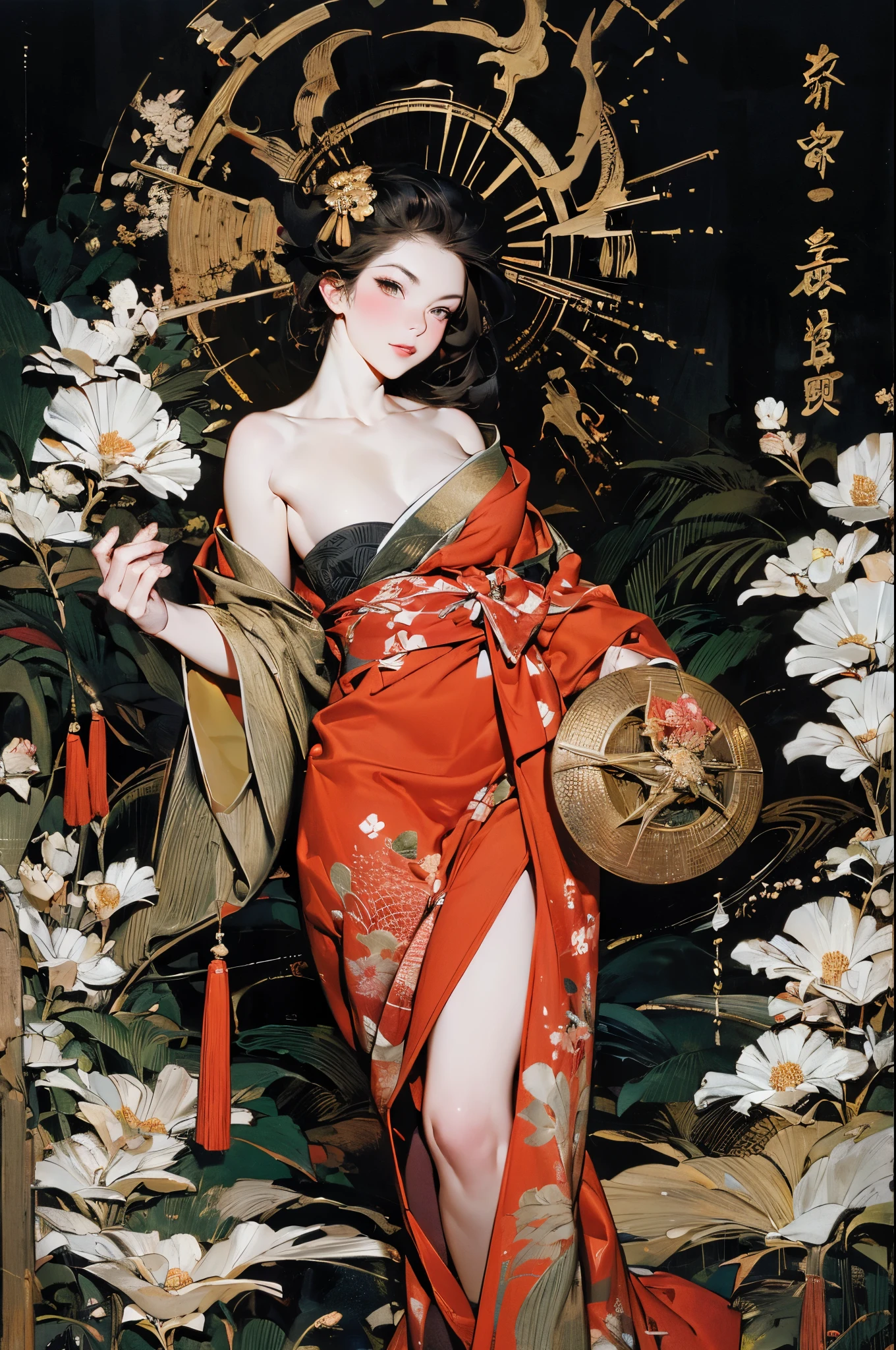 Umalinda warrior sexy, pretty face, Delicious Company, Alluring figure, Wearing a sexy open kimono. The artwork is created in a medium reminiscent of Japanese ink paintings....., 具有大胆的笔触和Monochromatic color palette. artist'Masterful technique reveals the intensity and power of the image'sense of presence,with the highest quality, Perfectly capture every detail with ultra-high resolution. Textures and intricate patterns on kimonos are rendered with extreme precision. Lighting is carefully designed,Enhance drama, Features deep shadows and subtle highlights. General, The artwork exudes elegance and power, Combining traditional Japanese aesthetics with a modern feel. Monochromatic color palette, Combine details, Create captivating and immersive experiences for your audience.