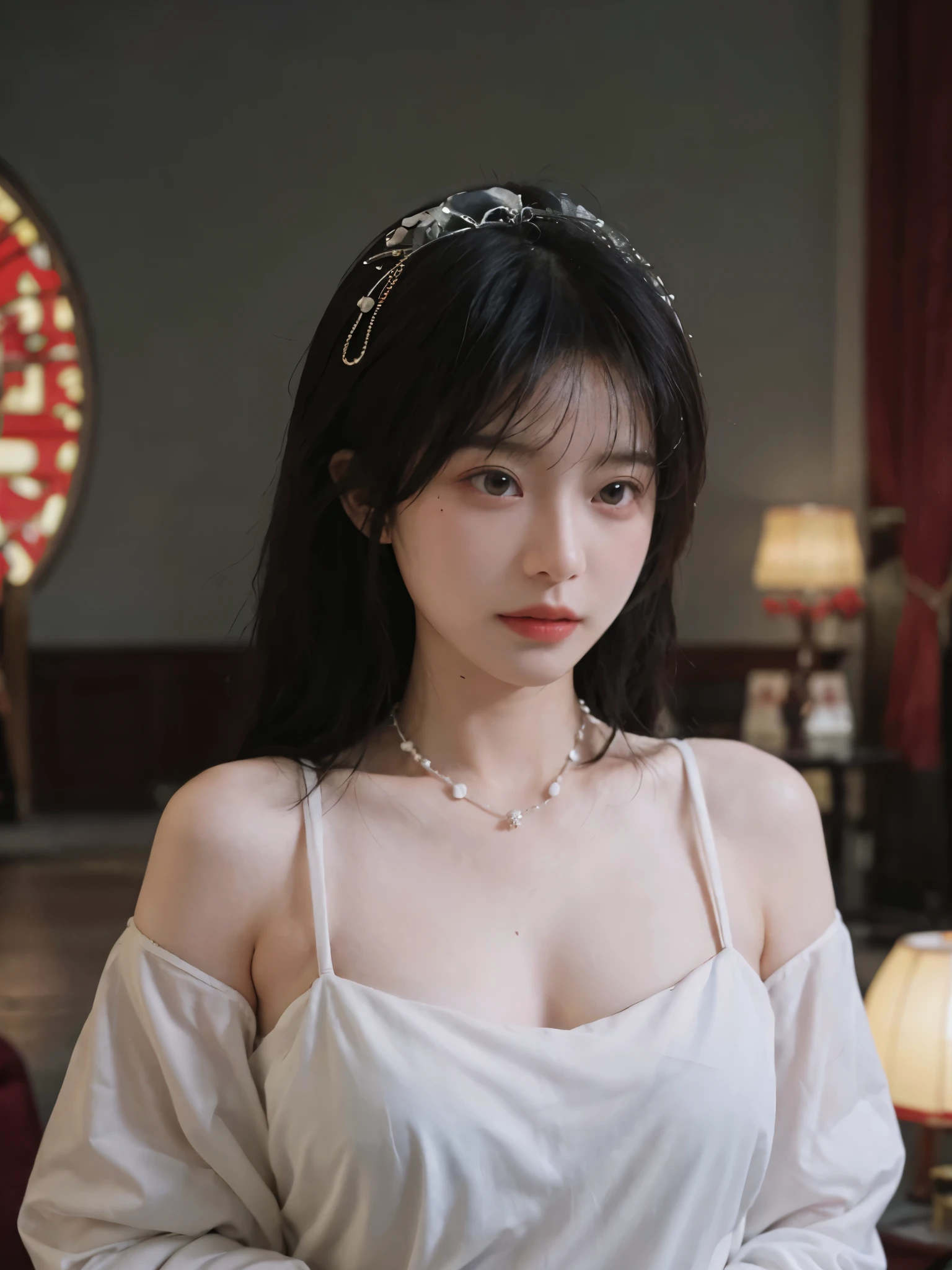 best quality, ultra high resolution, (realistically:1.4),cute hairpin,Baoyu Girl,Standing in the wedding hall,Fairy spirit fluttering,(flat chest:1.2) ,A pair of clear and charming peach blossom eyes,Royal sister,The sun shines on the face,Big wavy hairstyle,(necklace:1.2),(White skin:1.4),a sense of atmosphere,a beautiful girl,Looking directly at the viewer, Close-up cleavage ,(lifelike:1.4),1 girl,Sexy,(Upper body:1.4),(wet),(:1.2)