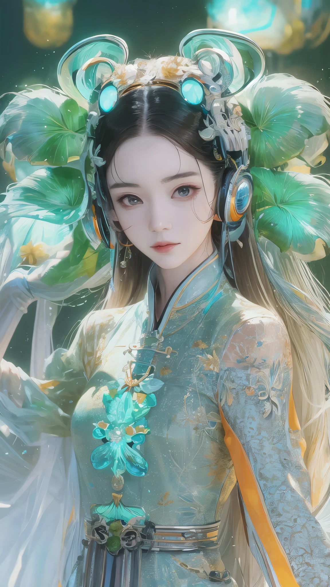 Tang suit，Chinese Hanfu，Photo of a woman wearing colorful technology, in a flowing surrealist style, shining/smooth, Accurate and realistic, Hard surface modeling, precisionist lines, Light silver and sky blue, project/construction and design，Luminous headphones, Luminous hair accessories, long hair, Luminous earrings, glow necklace, cyberpunk,transparent clothes