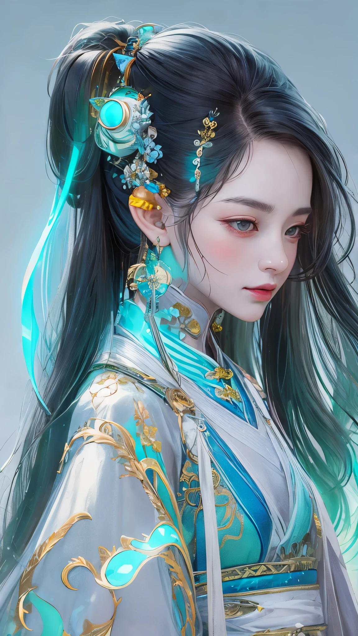 Tang suit,Chinese Hanfu,Photo of a woman wearing colorful technology, in a flowing surrealist style, shining/smooth, Accurate and realistic, Hard surface modeling, precisionist lines, Light silver and sky blue, project/construction and design,Luminous headphones, Luminous hair accessories, long hair, Luminous earrings, glow necklace, cyberpunk,transparent clothes