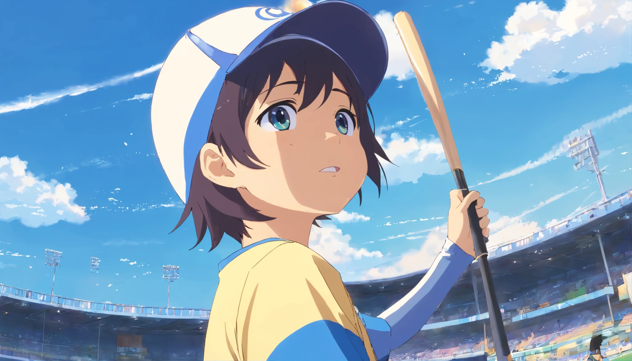 youth baseball、boy、Helmet、batter、blue sky