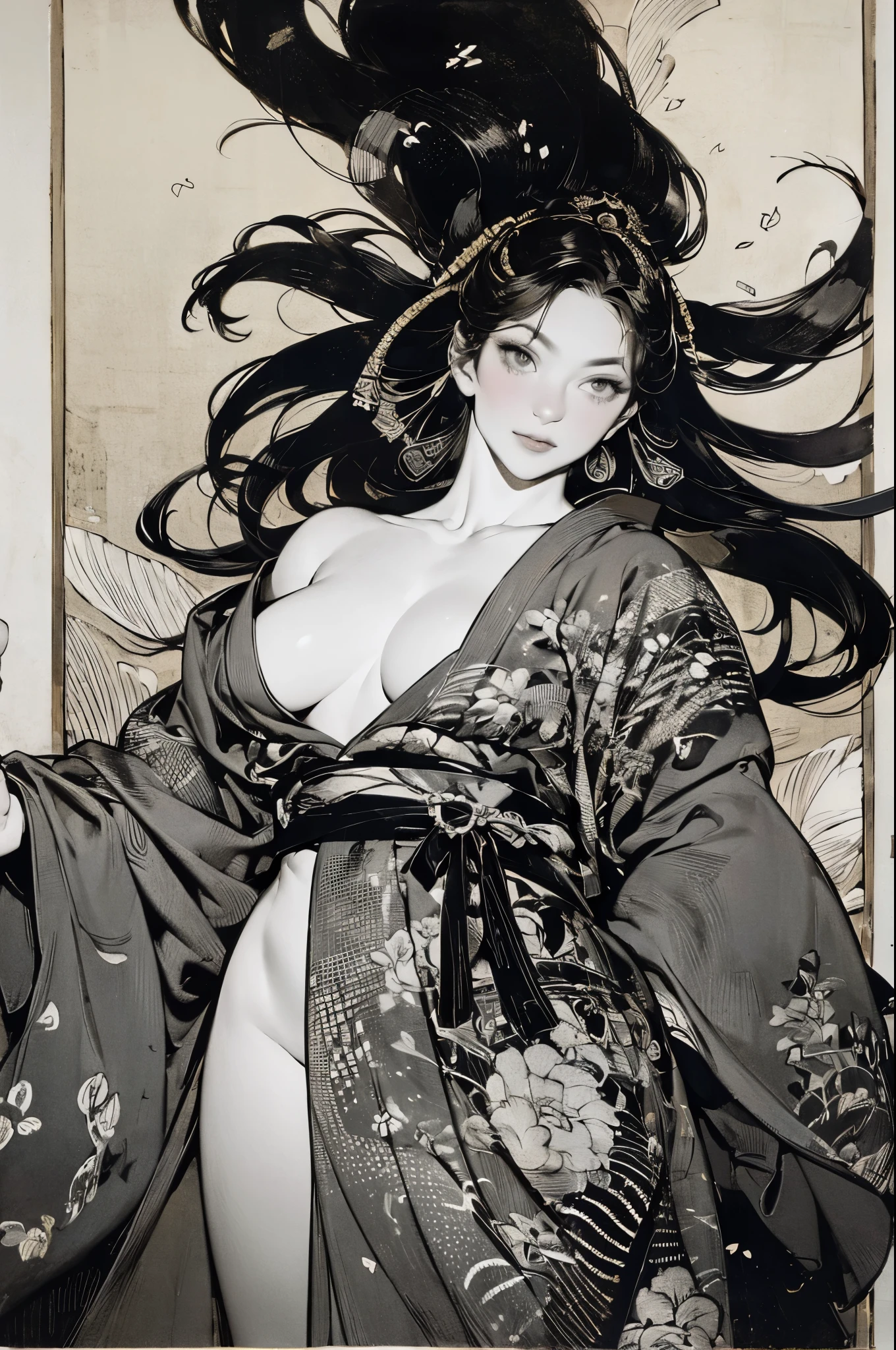 Umalinda warrior sexy, pretty face, Delicious Company, Alluring figure, Wearing a sexy open kimono. The artwork is created in a medium reminiscent of Japanese ink paintings....., 具有大胆的笔触和Monochromatic color palette. artist'Masterful technique reveals the intensity and power of the image'sense of presence,with the highest quality, Perfectly capture every detail with ultra-high resolution. Textures and intricate patterns on kimonos are rendered with extreme precision. Lighting is carefully designed,Enhance drama, Features deep shadows and subtle highlights. General, The artwork exudes elegance and power, Combining traditional Japanese aesthetics with a modern feel. Monochromatic color palette, Combine details, Create captivating and immersive experiences for your audience.