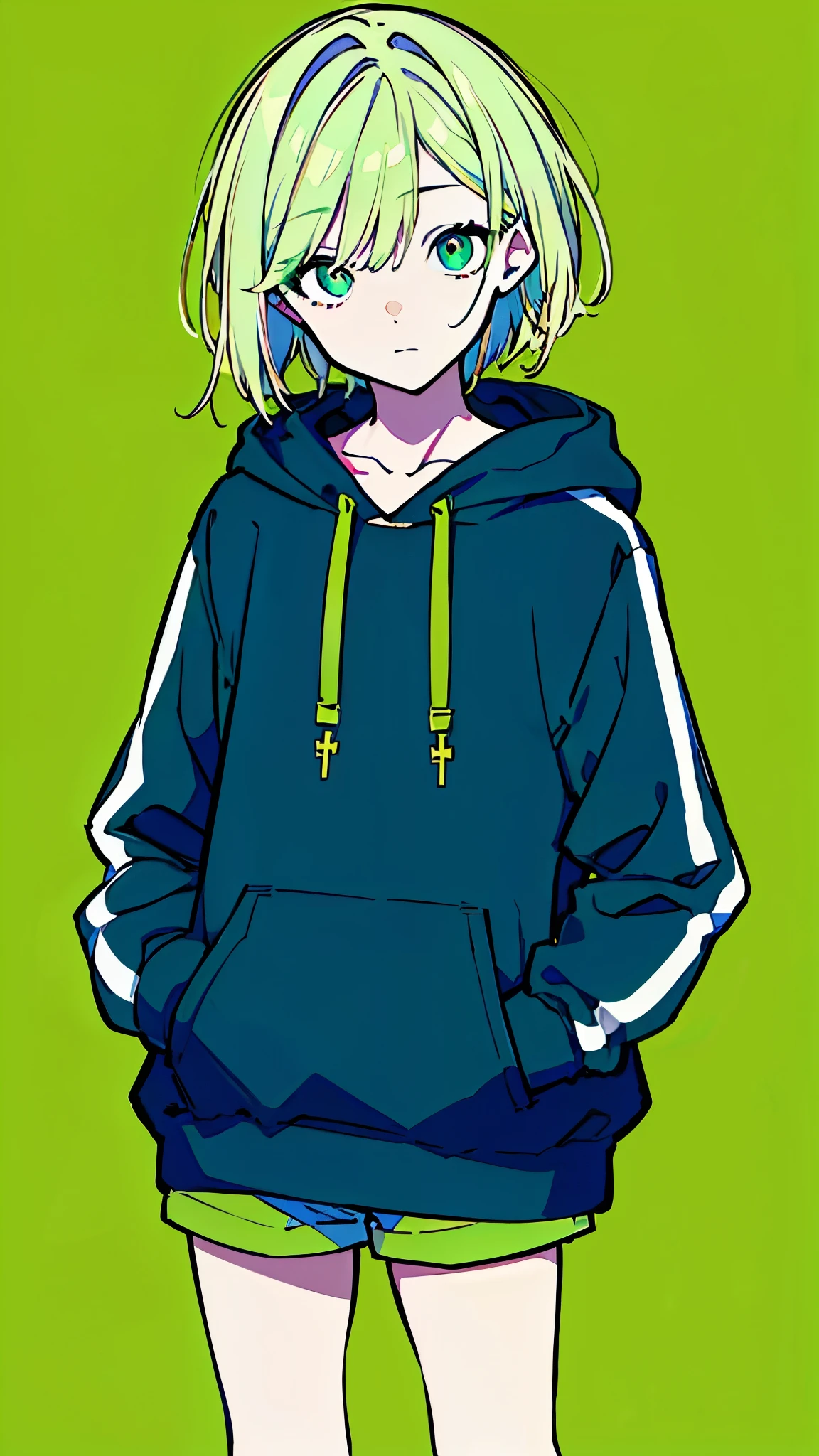 (masterpiece, highest quality:1.6), alone, thick outline, (simple background, light green background, light green theme:1.2), official art, Key Visual, 8K, disorganized, whole body, (unique hair, oversized hoodie, hot pants, wearing a hood, arch back, short torso:1.2), belly button, thighs, cowboy shot, HDR, sharp focus, High resolution, most detailed, very detailed, Super detailed, finely, detailed eyes and face, sharp pupils, realistic student, solo, white and green contrast, hands in pockets