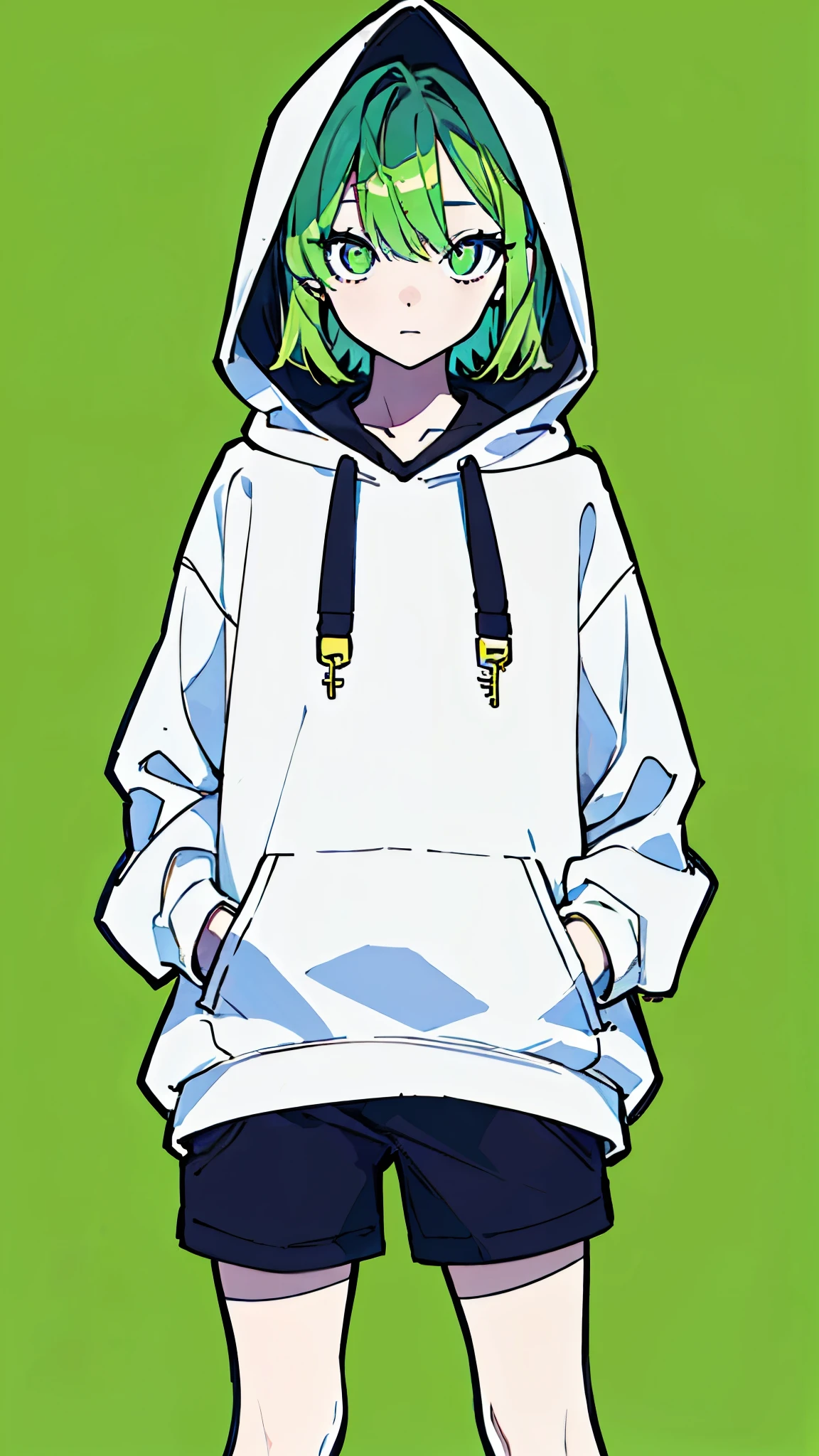 (masterpiece, highest quality:1.6), alone, thick outline, (simple background, light green background, light green theme:1.2), official art, Key Visual, 8K, disorganized, whole body, (unique hair, oversized hoodie, hot pants, wearing a hood, arch back, short torso:1.2), belly button, thighs, cowboy shot, HDR, sharp focus, High resolution, most detailed, very detailed, Super detailed, finely, detailed eyes and face, sharp pupils, realistic student, solo, white and green contrast, hands in pockets