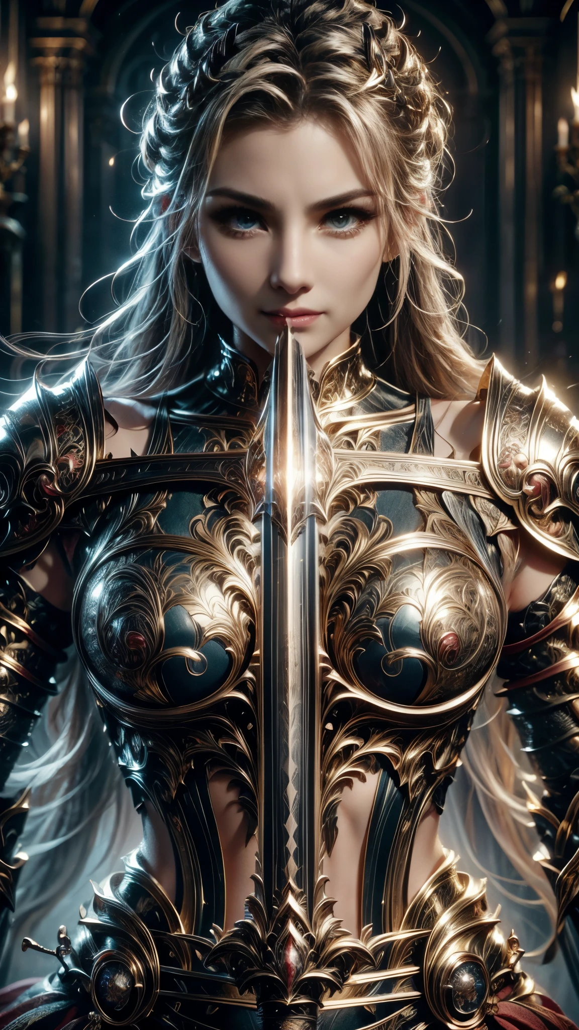 (RAW shooting:1.5, Photoreal:1.5, 8k, highest quality, masterpiece, ultra high resolution), medieval europe, world of magic and swords, perfect dynamic composition:1.2, Mysterious:1.3, Highly detailed skin and facial textures:1.3, cute and sexy slim female warrior, beautiful and aesthetic:1.2, cute and sexy beauty, perfect style:1.1, carries a big sword:1.3, wear elaborate rings, fire, water, Wind, thunder, ice, Fair skin, very beautiful face, (Medium chest, Chest gap), (embarrassing smile, The expression on your face when you feel intense caress, Facial expression when feeling pleasure), (Shiny sexy gold metallic armor:1.1, off shoulder, Navel exposure), (beautiful blue eyes, Eyes that feel beautiful eros:0.8), (Too erotic:0.9, Bewitching:0.9), full body shot, Ancient castle in the background