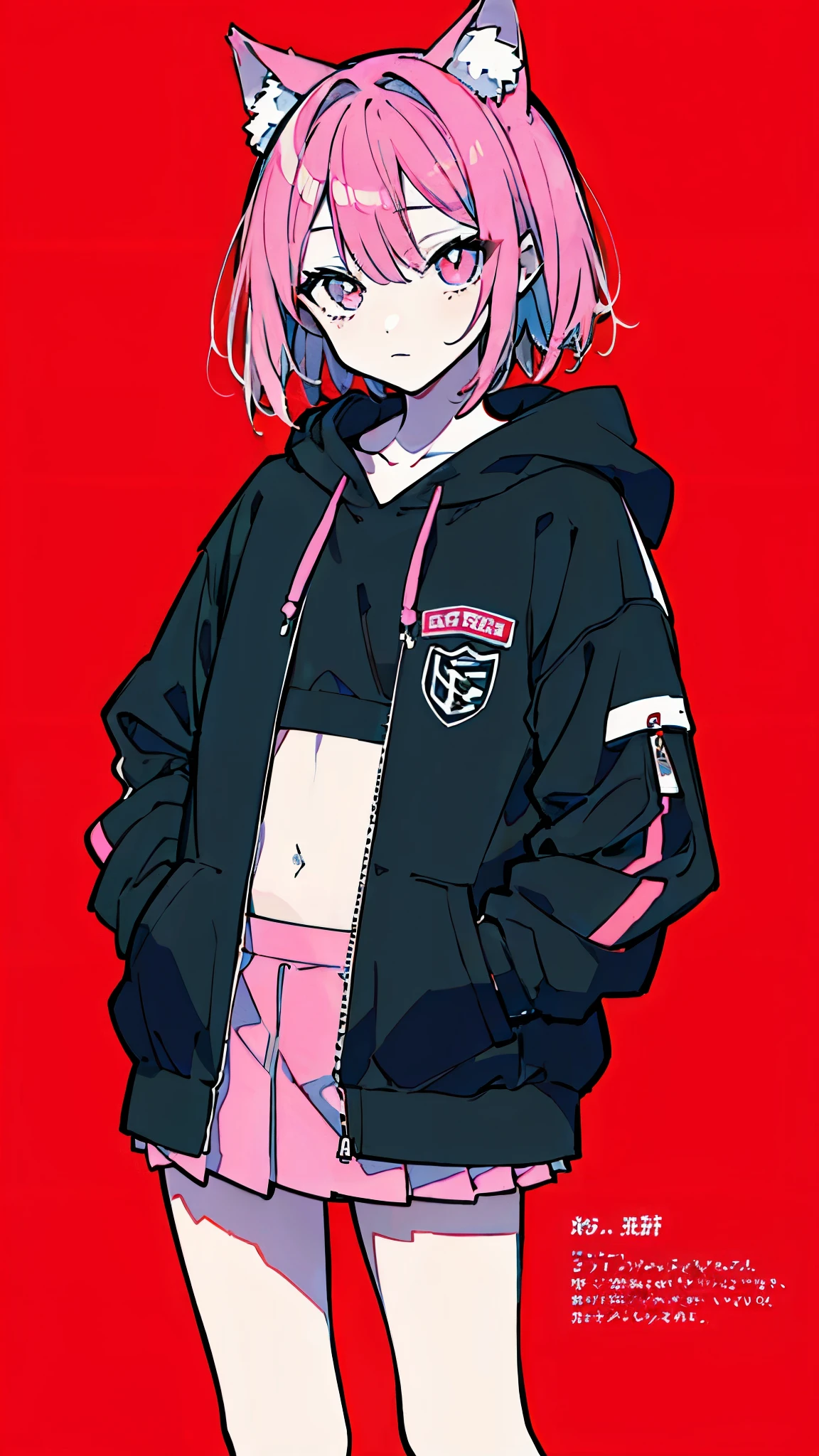 (masterpiece, highest quality:1.6), alone, thick outline, (simple background, Dark pink background, monochrome, dark pink theme:1.2), official art, Key Visual, 8k, confused, whole body, (unique hair, oversized hoodie, mini skirt, Cat ear, short torso:1.2), belly button, thighs, cowboy shot, HDR, sharp focus, High resolution, most detailed, very detailed, Super detailed, finely, detailed eyes and face, sharp pupils, realistic student, alone, pink and gray contrast, alone, put one&#39;s hand in one&#39;s pocket