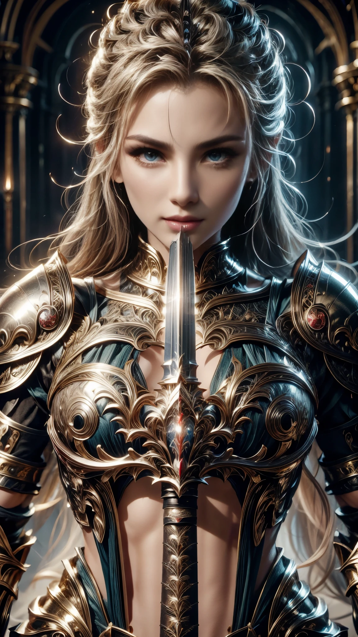 (RAW shooting:1.5, Photoreal:1.5, 8k, highest quality, masterpiece, ultra high resolution), medieval europe, world of magic and swords, perfect dynamic composition:1.2, Mysterious:1.3, Highly detailed skin and facial textures:1.3, cute and sexy slim female warrior, beautiful and aesthetic:1.2, cute and sexy beauty, perfect style:1.1, carries a big sword:1.3, wear elaborate rings, fire, water, Wind, thunder, ice, Fair skin, very beautiful face, (Medium chest, Chest gap), (embarrassing smile, The expression on your face when you feel intense caress, Facial expression when feeling pleasure), (Shiny sexy gold metallic armor:1.1, off shoulder, Navel exposure), (beautiful blue eyes, Eyes that feel beautiful eros:0.8), (Too erotic:0.9, Bewitching:0.9), full body shot, Ancient castle in the background