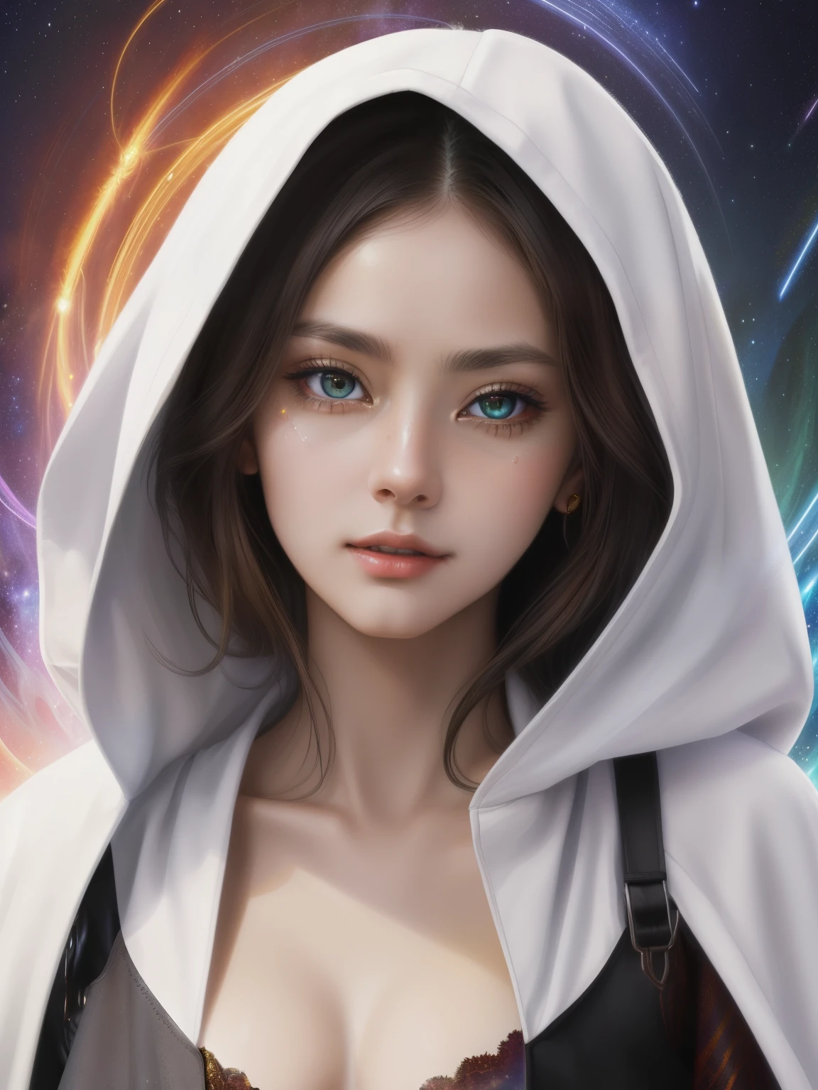 (masterpiece, top quality, best quality, official art, beautiful and aesthetic:1.2), (1girl), extreme detailed eyes, (fractal art:1.3), colorful, highest detailed, (perfect face), shiny skin, HDR, (white cloak golden lines:1.2), galaxy, (light streaks), striking visuals, (dynamic streaks, luminous trails:1.2), vibrant colors, (phoenix), (dragon)