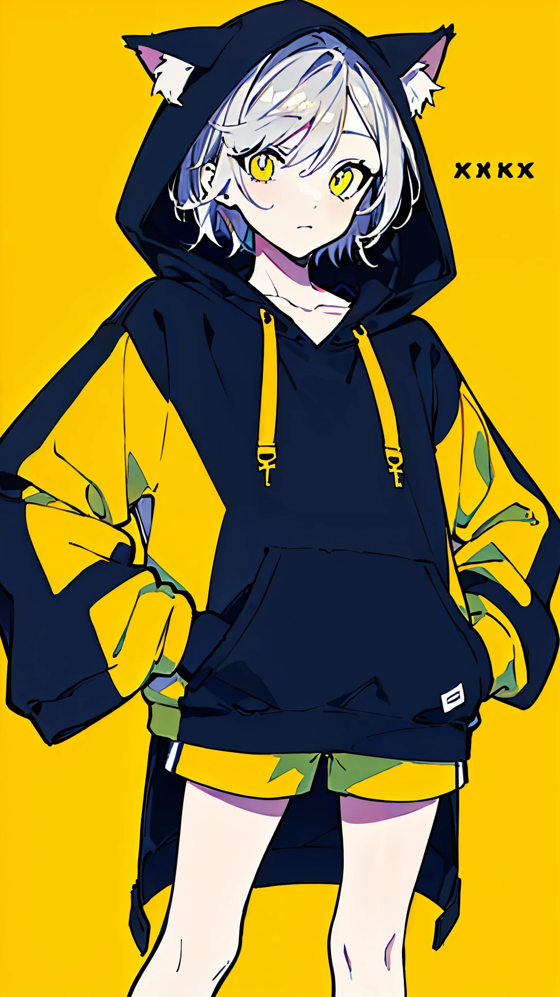 (masterpiece, highest quality:1.6), alone, thick outline, (simple background, Dark yellow background, monochrome, dark yellow theme:1.2), official art, Key Visual, 8k, confused, whole body, (unique hair, oversized hoodie, hot pants, Cat ear, short torso:1.2), belly button, thighs, cowboy shot, HDR, sharp focus, High resolution, most detailed, very detailed, Super detailed, finely, detailed eyes and face, sharp pupils, realistic student, alone, yellow and gray contrast, alone, put one's hand in one's pocket