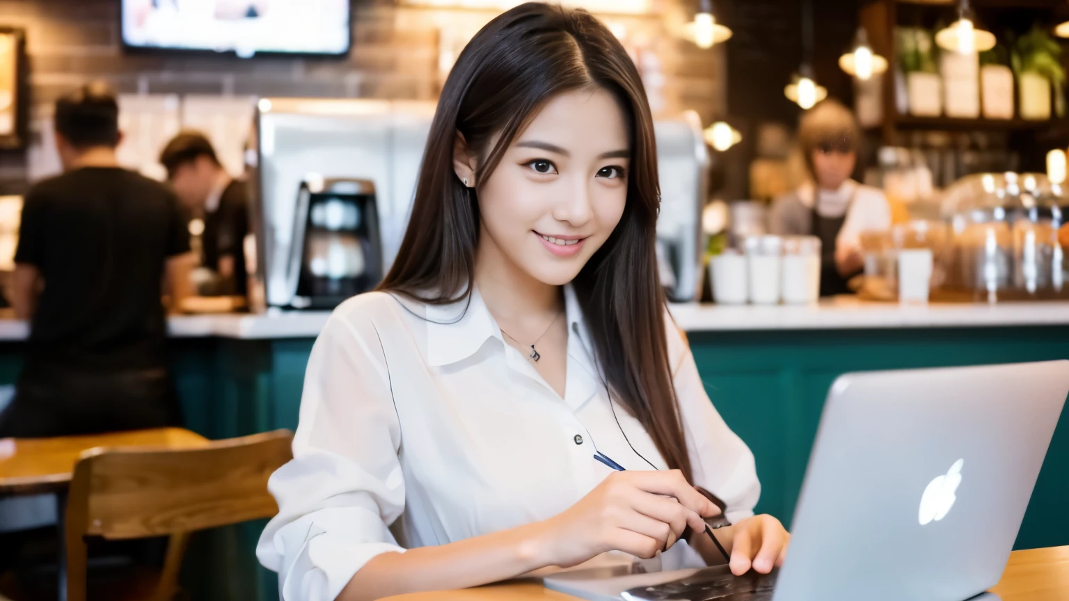 ((最high quality, 8k, masterpiece: 1.3)), perfect face,Inside a stylish cafe in New York、A scene in which a beautiful model-like woman with big breasts is drinking a latte and studying on a laptop.,All around you, you can see other customers enjoying their time.。At the back of the cafe、The staff are busy working at the counter.、You can feel the liveliness and stylish luxury that is typical of a city cafe., sharp focus, 1 girl, Sexy 1.2, , (big: 1.5), fine eyes, Beautiful eyes with long slits, double eyelid, (cat face), (cute Face), cute Smile, (close your mouth), (cute), soft skin, Show the whole body, surreal, super detailed, high quality, (Beautiful female college student studying in a cafe), ((詳細な非常にcute女子大生)), ((胸は隠れているけど服の上から解るぐらいbig胸)),A look that looks at your boyfriend
