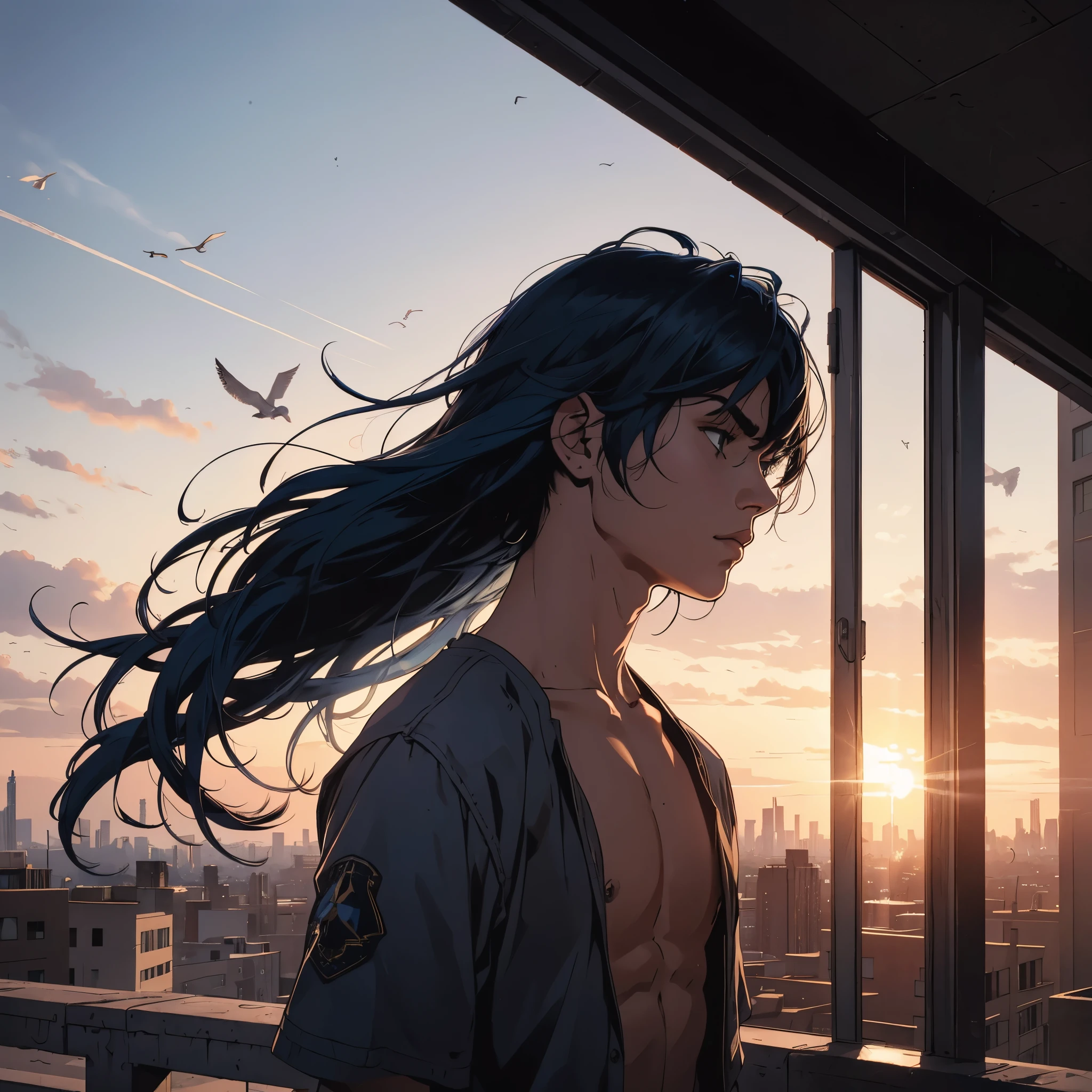 Serious 14-year-old boy, (solo), (looking intently), (rooftop), (school), (shirtless), (long blue hair), (mannerly posture), (contemplative expression), (deep thought), (urban landscape), (cityscape), (sunset), (realistic), (hyper-detailed), (sharp focus), (dynamic lighting), (high contrast), (textured concrete), (glass windows reflecting the sun), (streetlights illuminating the scene), (subtle shadows casting intrigue), (detailed brickwork), (grungy textures), (birds flying overhead), (slight breeze rustling his hair),