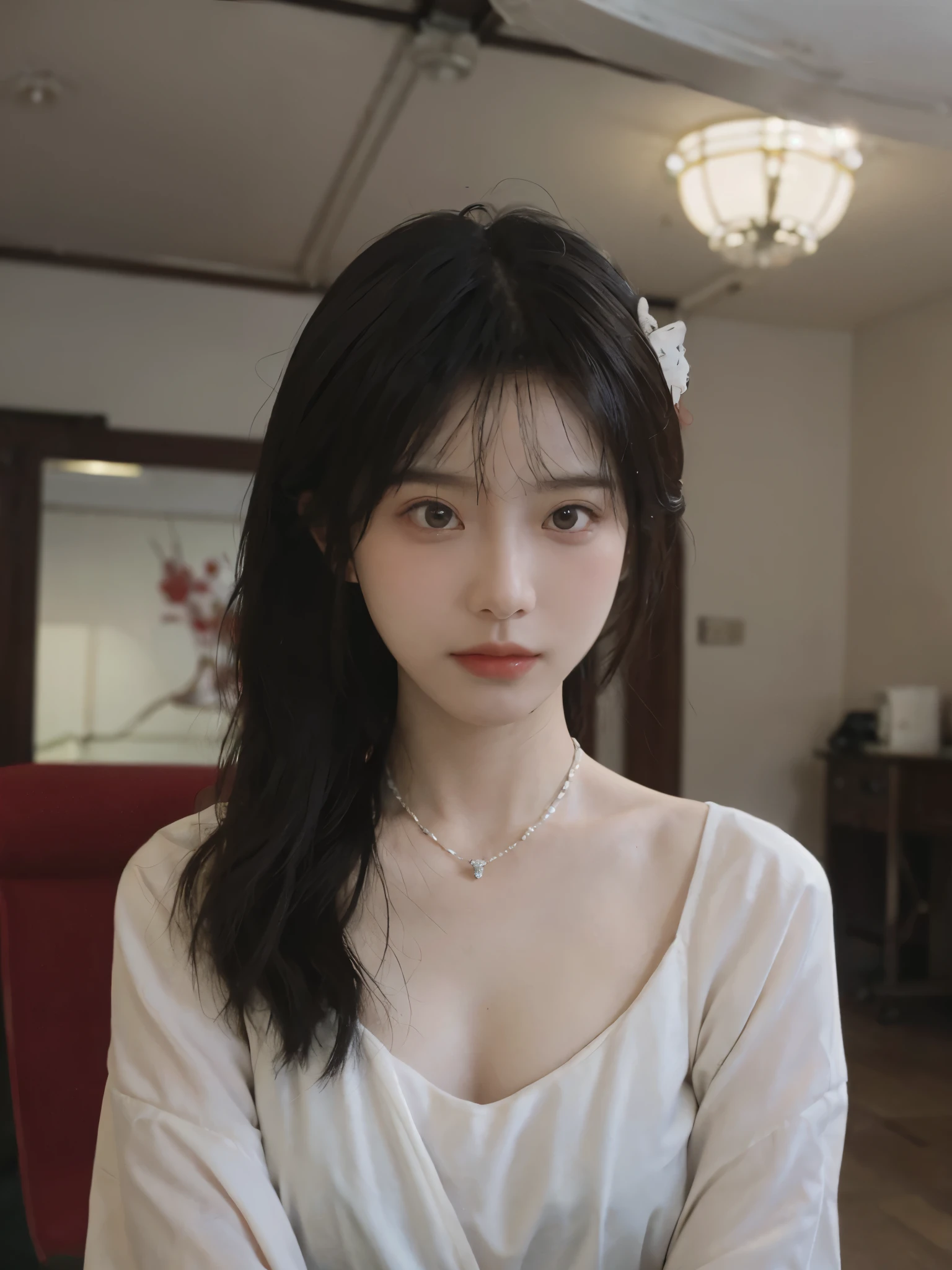 best quality， ultra high resolution， （realistically：1.4），cute hairpin，Baoyu Girl，Standing in the wedding hall，Fairy spirit fluttering，（flat chest：1.2） ，A pair of clear and charming peach blossom eyes,red wedding dress，Royal sister，The sun shines on the face，Big wavy hairstyle，（necklace：1.2），（White skin：1.4），a sense of atmosphere，a beautiful girl，Looking directly at the viewer， Close-up cleavage ，(lifelike:1.4),1 girl,Sexy,(Upper body:1.4),(wet),(:1.2)