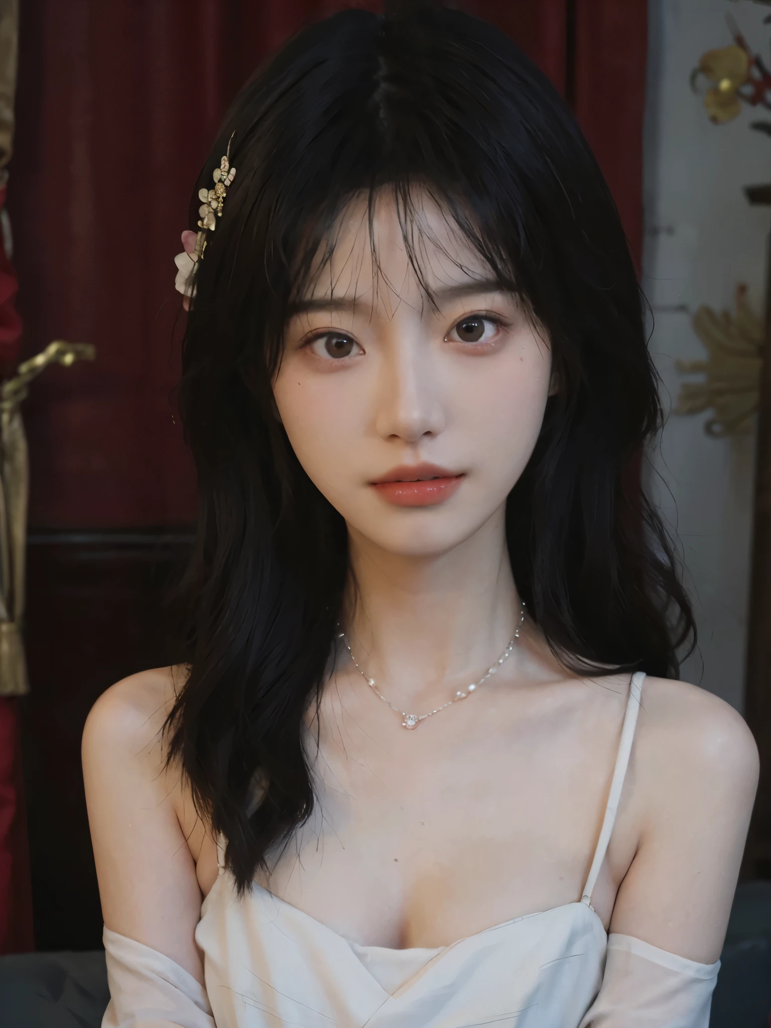 best quality， ultra high resolution， （realistically：1.4），cute hairpin，Baoyu Girl，Standing in the wedding hall，Fairy spirit fluttering，（flat chest：1.2） ，A pair of clear and charming peach blossom eyes,red wedding dress，Royal sister，The sun shines on the face，Big wavy hairstyle，（necklace：1.2），（White skin：1.4），a sense of atmosphere，a beautiful girl，Looking directly at the viewer， Close-up cleavage ，(lifelike:1.4),1 girl,Sexy,(Upper body:1.4),(wet),(:1.2)
