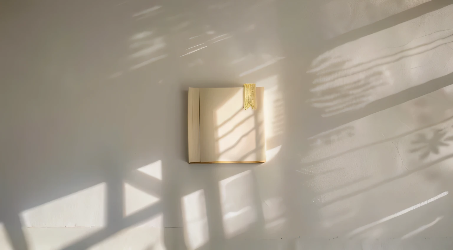(8k, best quality), Super detailed, beautiful details, lifelike, There is a real book in the middle of the picture,surrounded by olive leaves,coffee soft sunshine,shadow,light gray gravel background,Nordic literary style background,depth of field,16:9