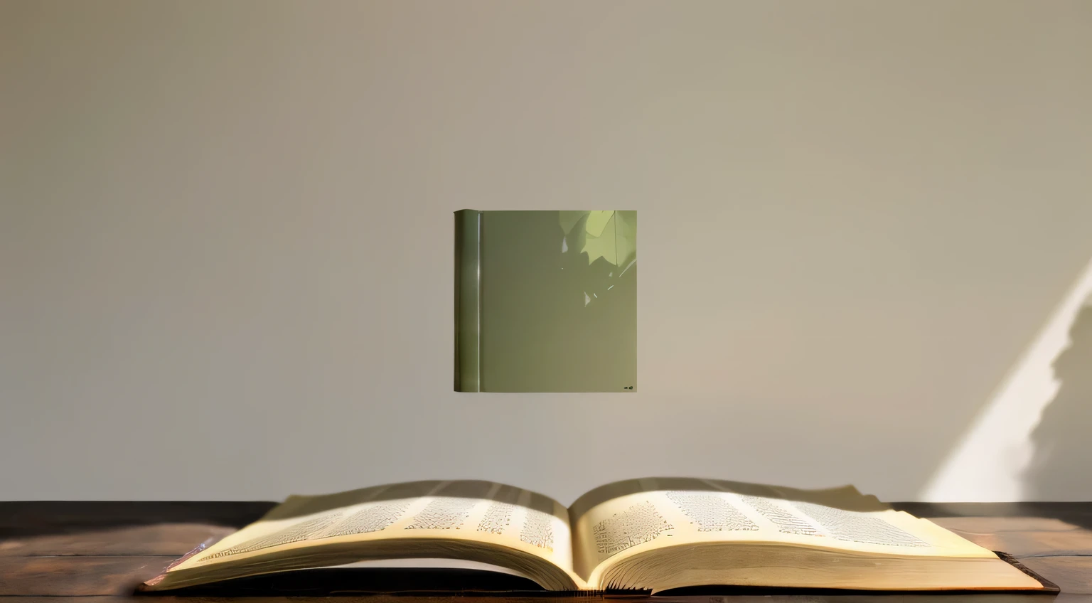 (8k, best quality), Super detailed, beautiful details, lifelike, There is a real book in the middle of the picture,surrounded by olive leaves,coffee soft sunshine,shadow,light gray gravel background,Nordic literary style background,depth of field,16:9