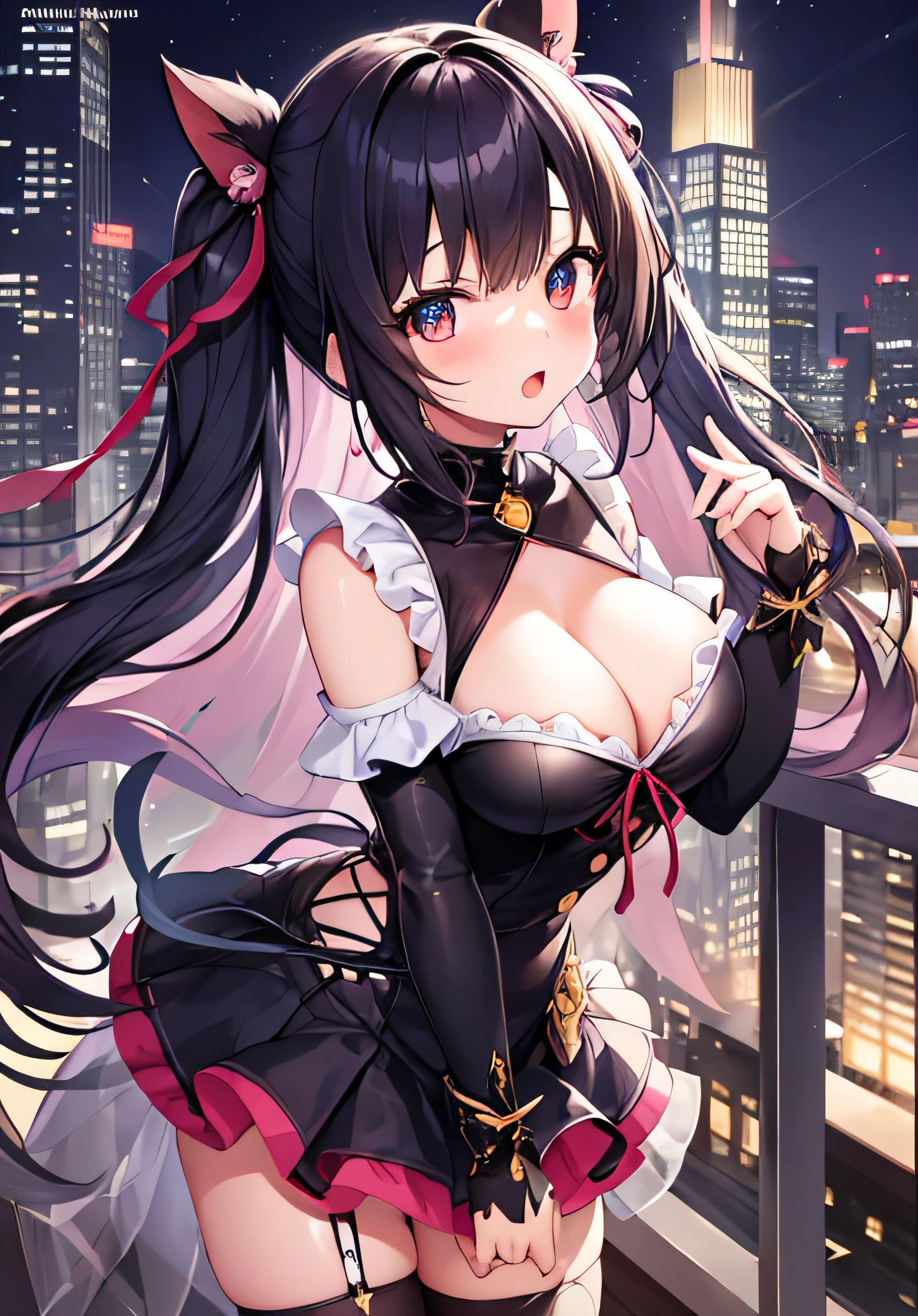 masterpiece、best image quality、ultra high resolution、 girl with big breasts、twin tail hairstyle、black hair、hair ribbon、red face、shyly、mock、Open your mouth just a little、Magical girl costume that shows cleavage、magical girl miniskirt、magical girl knee high socks、skyscrapers at night、at night