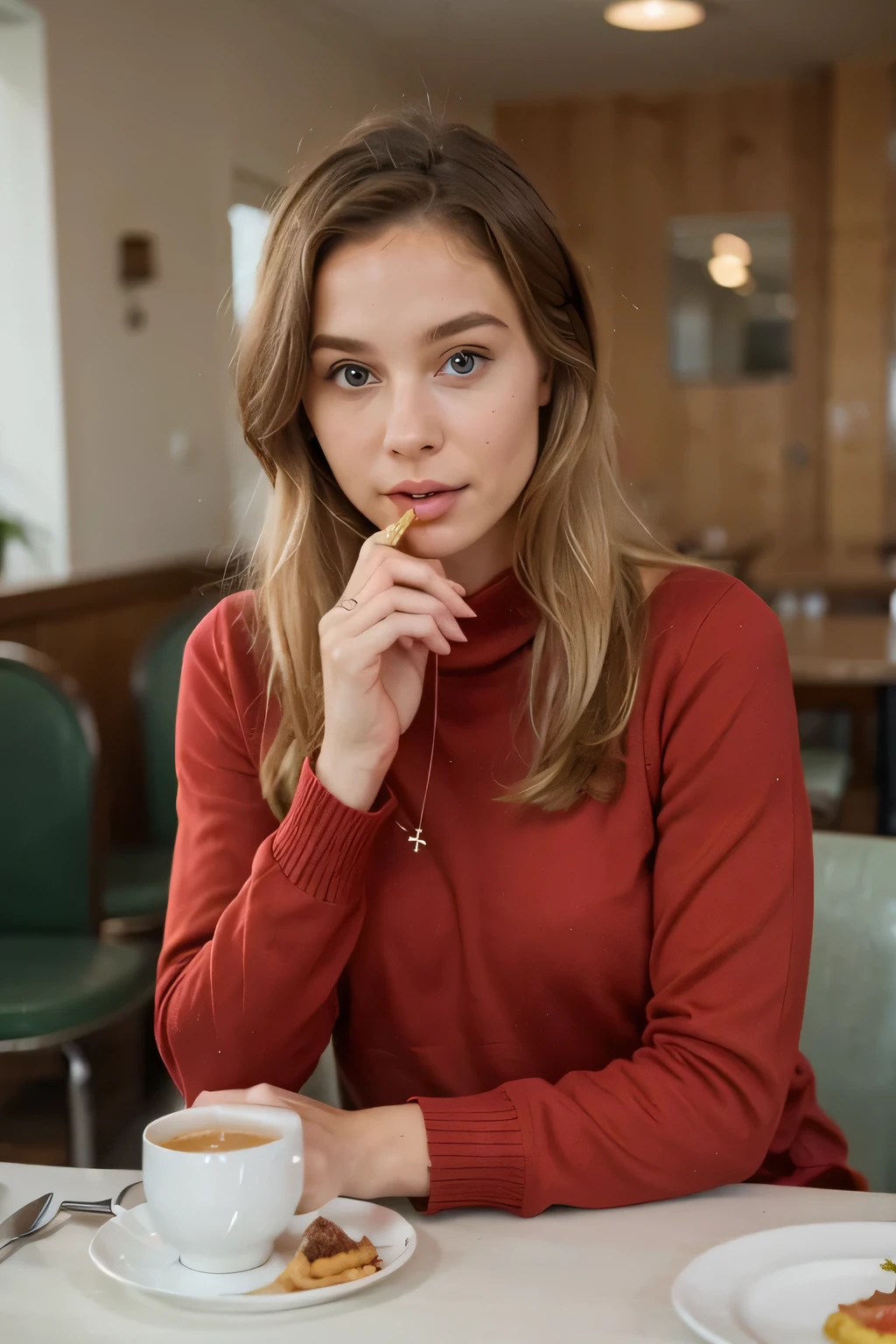 Light blonde Swedish woman wearing a red pullover, which is very soft, eating breakfast in an american diner