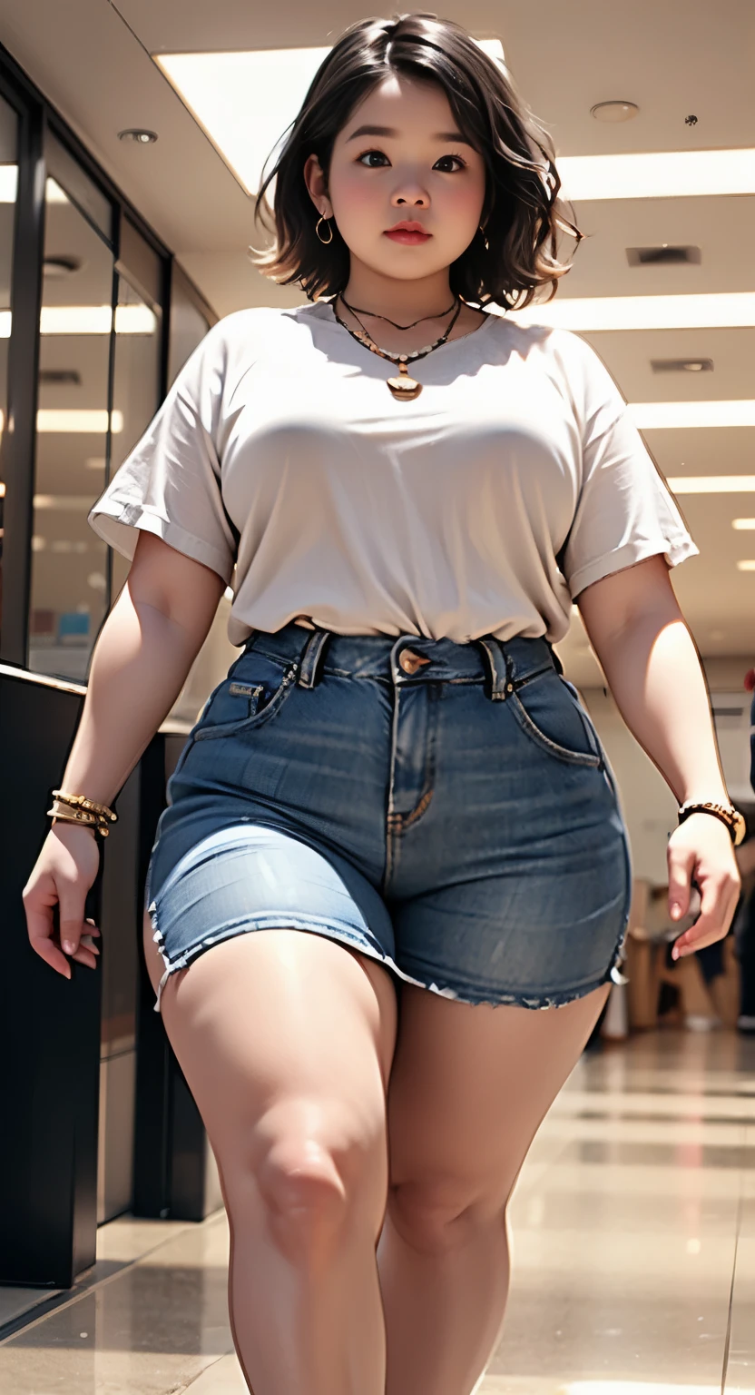((best quality)), ((masterpiece)), (detailed), perfect face, araffe woman in a dark-blue shirt and blue denim skirt walking down a dark room, thicc, she has a jiggly fat round belly, bbwchan, wearing tight simple clothes, skinny waist and thick hips, widest hips, her belly is fat and round, soft curvy shape, hyperrealistic full figure, wearing a cute top, wide hips, wearing 10 bracelet , wearing huge diamond necklace , watch, wavy short hair