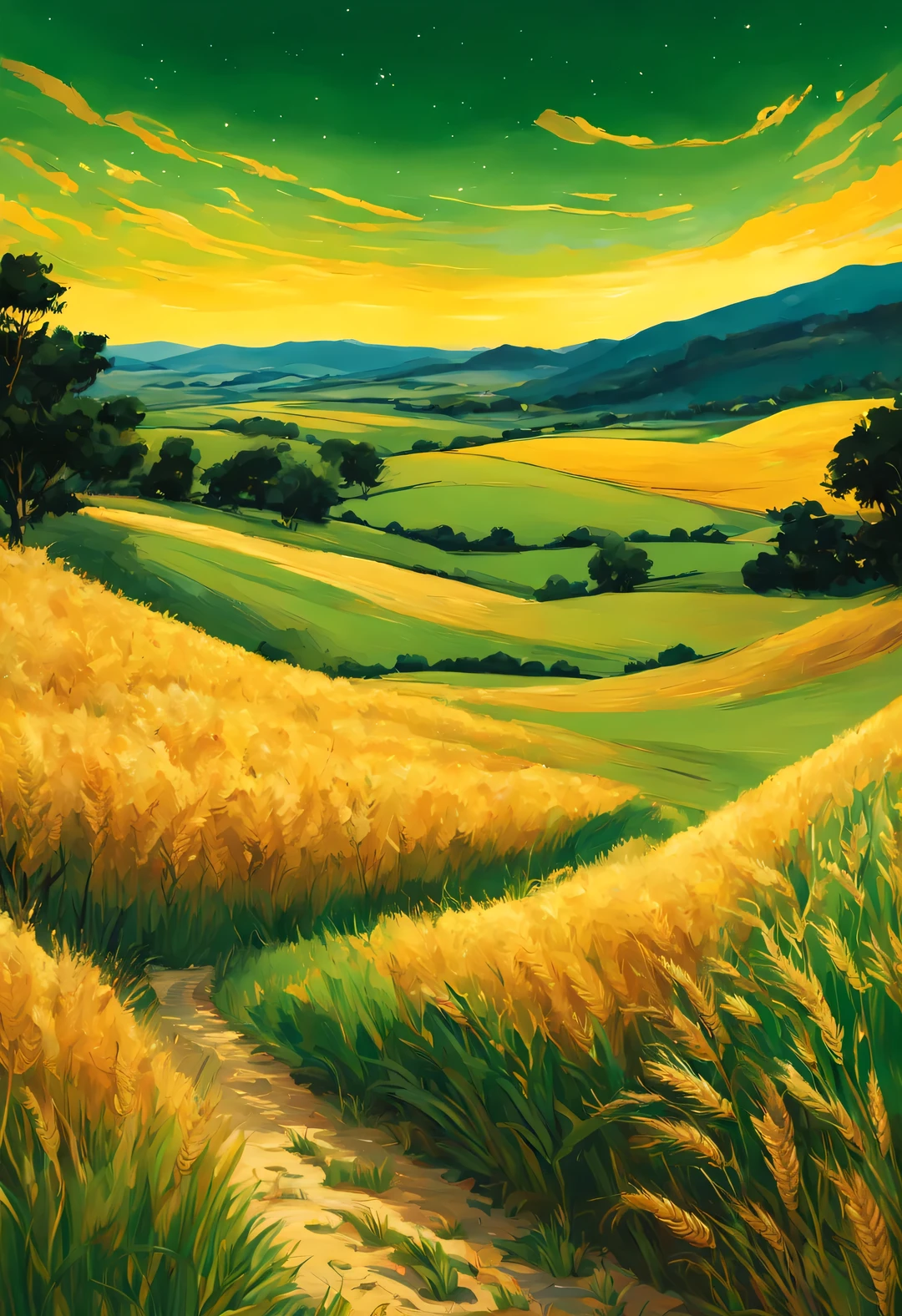 best quality, 4k, 8k, high-rise, masterpiece: 1.2, Super detailed, actual: 1.37, Beautiful and delicate eyes, Beautiful and delicate lips, Extremely detailed eyes and face, long eyelashes, wheat field, stagnant sky, dreamy atmosphere, bright color palette, Vibrant shades, Impressionist brushstrokes, Subtle lighting effects, sunset on the horizon, Lush green landscape, Wheat dances in the wind, A Peaceful and tranquil atmosphere, Harmony between nature and sky, Playful shadows and highlights, textured brushstrokes, Abundant and vibrant crops, Endless golden wheat ears, dusk atmosphere, Tranquil pastoral scenery, Shining stars light up the night, Star clusters shine in the universe, magnificent starry night, Peaceful and tranquil atmosphere, Quiet environment、Picturesque, Inspired by the style and techniques of Van Gogh, Sublime and atmospheric depiction, ethereal beauty, and charming celestial phenomena.