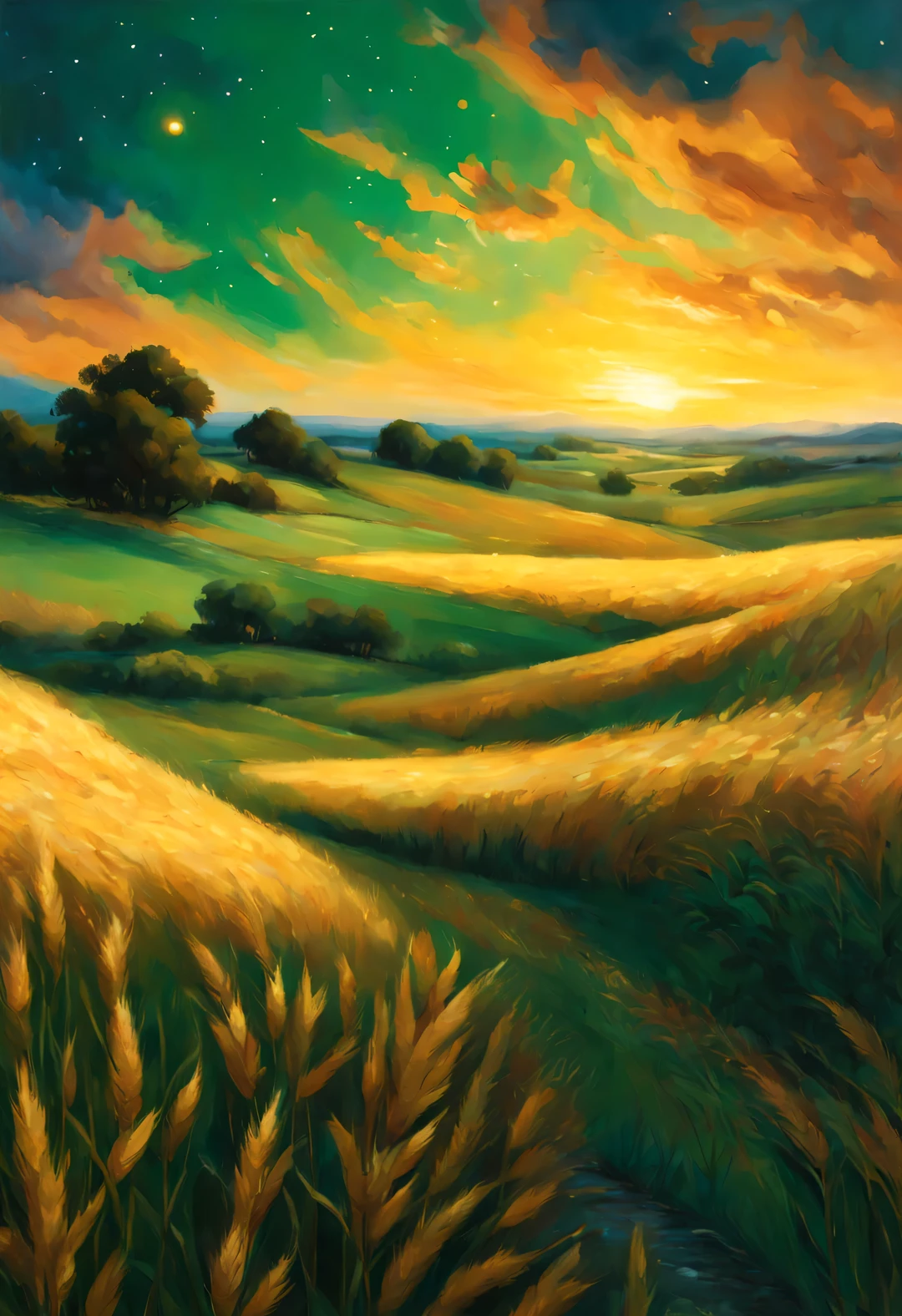 best quality, 4k, 8k, high-rise, masterpiece: 1.2, Super detailed, actual: 1.37, Beautiful and delicate eyes, Beautiful and delicate lips, Extremely detailed eyes and face, long eyelashes, wheat field, stagnant sky, dreamy atmosphere, bright color palette, Vibrant shades, Impressionist brushstrokes, Subtle lighting effects, sunset on the horizon, Lush green landscape, Wheat dances in the wind, A Peaceful and tranquil atmosphere, Harmony between nature and sky, Playful shadows and highlights, textured brushstrokes, Abundant and vibrant crops, Endless golden wheat ears, dusk atmosphere, Tranquil pastoral scenery, Shining stars light up the night, Star clusters shine in the universe, magnificent starry night, Peaceful and tranquil atmosphere, Quiet environment、Picturesque, Inspired by the style and techniques of Van Gogh, Sublime and atmospheric depiction, ethereal beauty, and charming celestial phenomena.