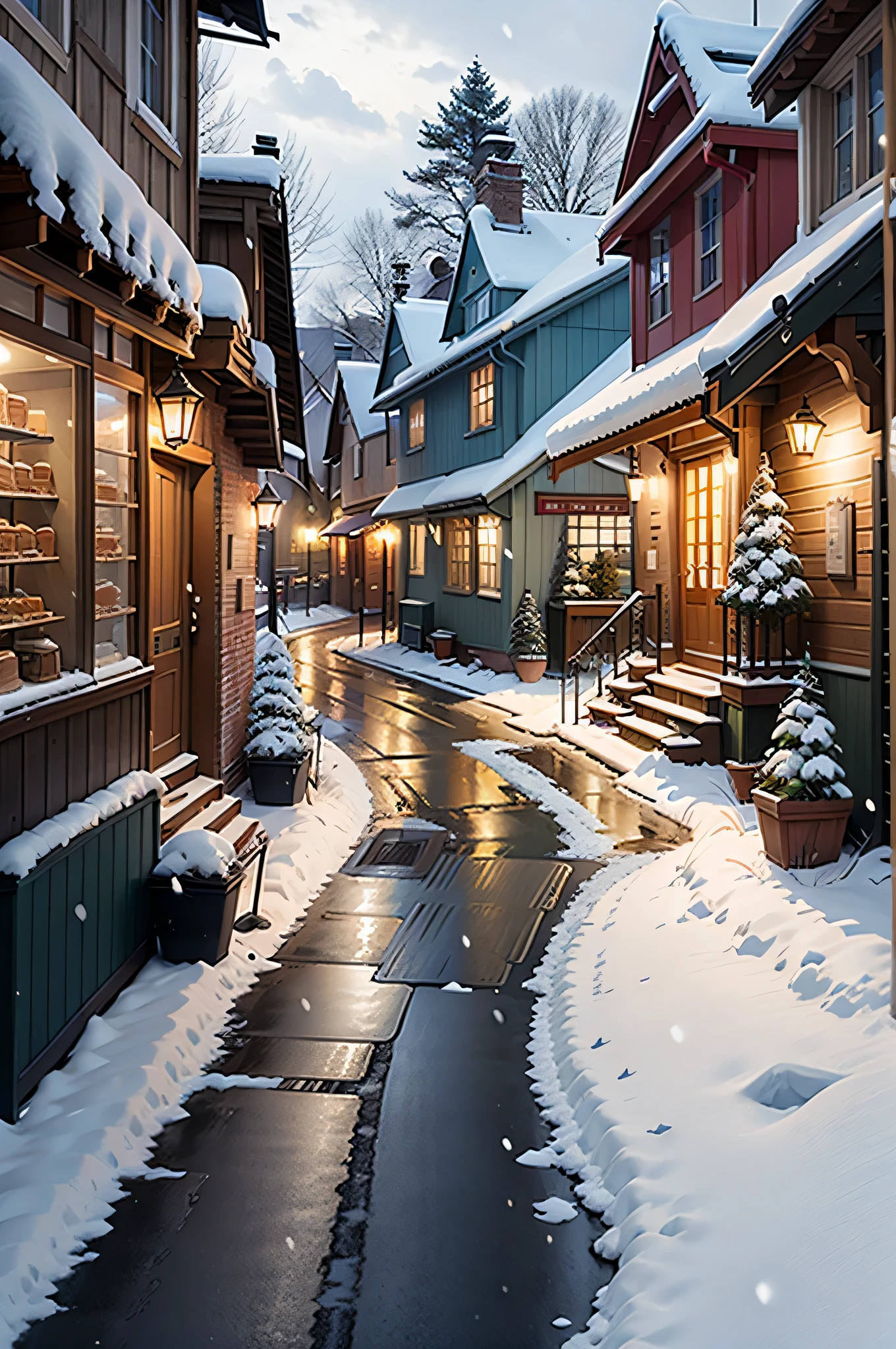 Streetscape with cafes, winter、(that'It's snowing a little)、quaint village, Thomas Kinkade CFG _ Level 9, French village exterior, Thomas Kinkade CFG _ scale 8, In a French village, tom kinkade, author:Bernard DeAndrea, author:Arthur Penn, Street view, Pierre Roy, Cottage Town, countryside city scene, landscape artwork, City view,blue sky、sunshine pours down、