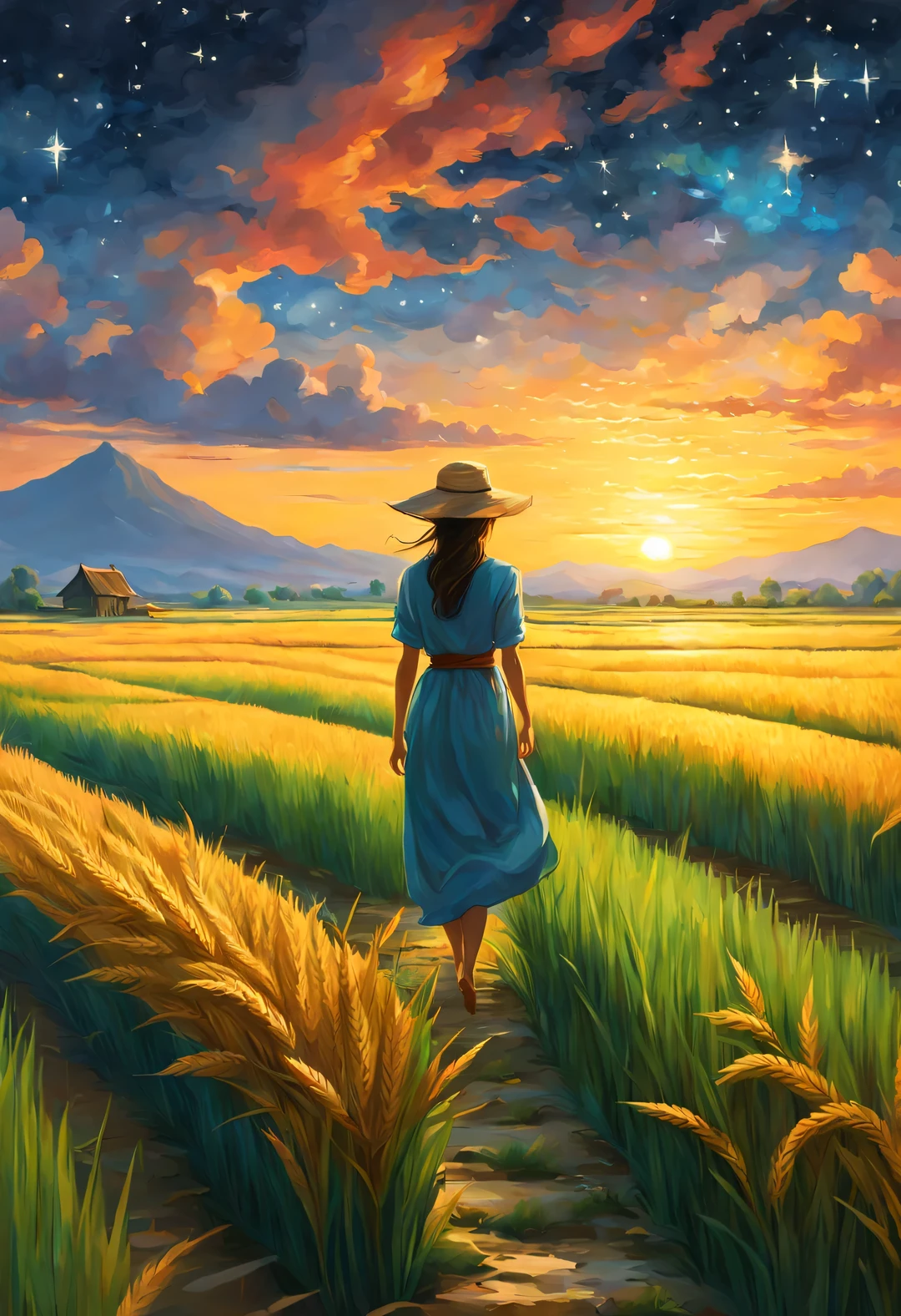 best quality, 4k, 8k, high level, masterpiece: 1.2, Super detailed, actual: 1.37, (Endless rice fields), a little girl ，double contact，blue sky, dreamy atmosphere, bright color palette, Vibrant shades, Impressionist brushstrokes, Subtle lighting effects ， sunset on the horizon, Peaceful and tranquil atmosphere, Harmony between nature and sky, textured brushstrokes, Abundant and vibrant crops, dusk atmosphere, Tranquil pastoral scenery, Glowing stars light up the night, creating a Peaceful and tranquil atmosphere, Peaceful and picturesque setting, Inspired by the style and techniques of Van Gogh. Sublime and atmospheric depiction, ethereal beauty, and fascinating celestial phenomena,