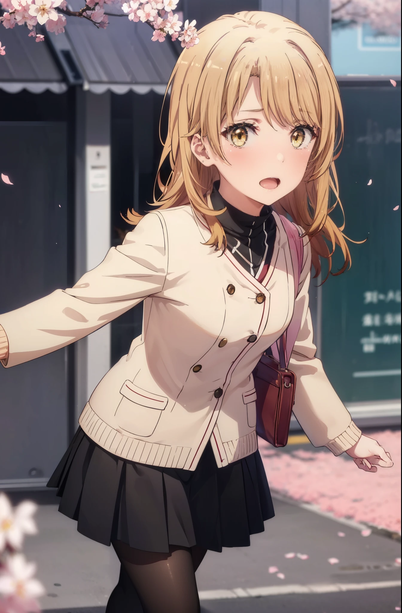 irohaisshiki, iroha isshiki, long hair, short braided hair,ponytail,brown hair, (brown eyes:1.5), smile,yellow muffler,pink long coat　There is space in front,white sweater,black long skirt,black pantyhose,short boots,Big tears are running down her face,Crying with joy,cry a lot,A piece of paper with a large number of numbers written on it is pasted on the bulletin board in front of the school building.,happy crowd,cherry blossoms are blooming,Cherry blossoms are scattered,pink scenery,Announcement of university results,have a piece of paper with numbers written on it,
break outdoors, University buildings,
break looking at viewer,
break (masterpiece:1.2), highest quality, High resolution, unity 8k wallpaper, (figure:0.8), (detailed and beautiful eyes:1.6), highly detailed face, perfect lighting, Very detailed CG, (perfect hands, perfect anatomy),
