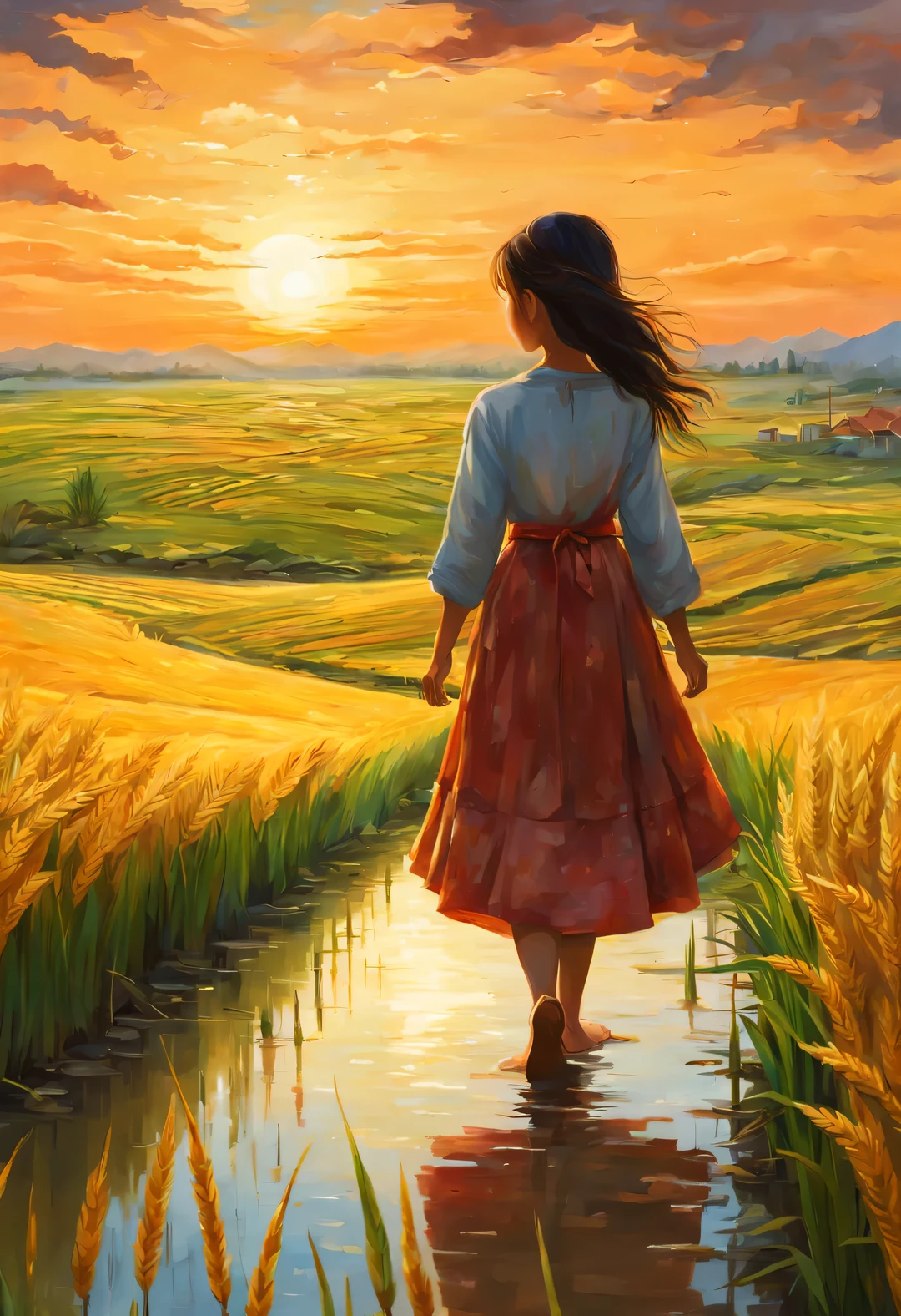best quality, 4k, 8k, high level, masterpiece: 1.2, Super detailed, actual: 1.37,
(Endless rice fields), The back of a little girl in the distance, Sky, dreamy atmosphere, bright color palette, Vibrant shades, Impressionist brushstrokes, Subtle lighting effects, sunset on the horizon, Wheat dances in the wind, Peaceful and tranquil atmosphere, the harmony between nature and Sky, textured brushstrokes, Abundant and vibrant crops, Endless dusk atmosphere, Tranquil pastoral scenery, The night is illuminated by shining stars, creates Peaceful and tranquil atmosphere, Peaceful and picturesque setting, Inspired by the style and techniques of Van Gogh, Describe the sublime atmosphere, ethereal beauty, and fascinating celestial phenomena,