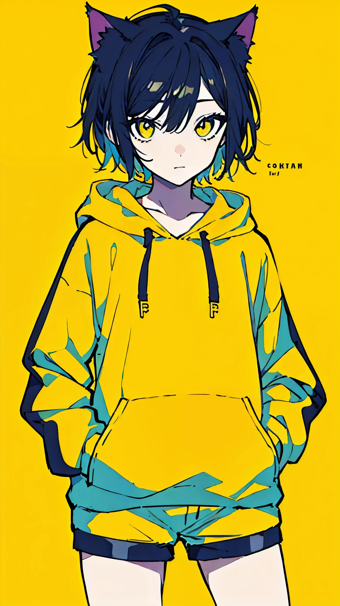 (masterpiece, highest quality:1.6), alone, thick outline, (simple background, Dark yellow background, monochrome, dark yellow theme:1.2), official art, Key Visual, 8k, confused, whole body, (unique hair, oversized hoodie, hot pants, Cat ear, short torso:1.2), belly button, thighs, cowboy shot, HDR, sharp focus, High resolution, most detailed, very detailed, Super detailed, finely, detailed eyes and face, sharp pupils, realistic student, alone, yellow and gray contrast, alone, put one's hand in one's pocket