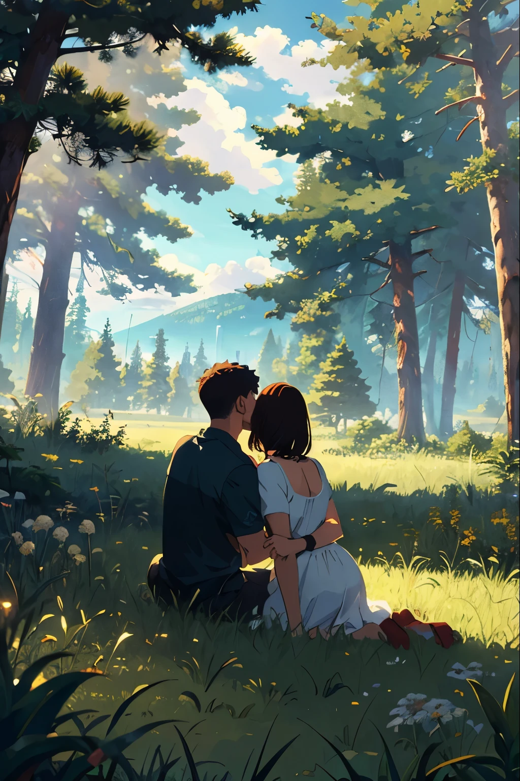 cow,
BREAK (masterpiece, best quality:1.2), outdoors, nature, forest, pines, grass, tall grass, detailed grass, plants, day, clouds,boy and girl having sex

