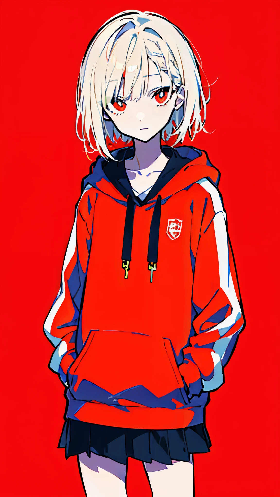 (masterpiece, highest quality:1.6), alone, thick outline, (simple background, bright red background, monochrome, bright red theme:1.2), official art, Key Visual, 8k, confused, whole body, (unique hair, oversized hoodie, Skirts to look at, short torso:1.2), belly button, thighs, cowboy shot, HDR, sharp focus, High resolution, most detailed, very detailed, Super detailed, finely, detailed eyes and face, sharp pupils, realistic student, alone, alone, put one&#39;s hand in one&#39;s pocket