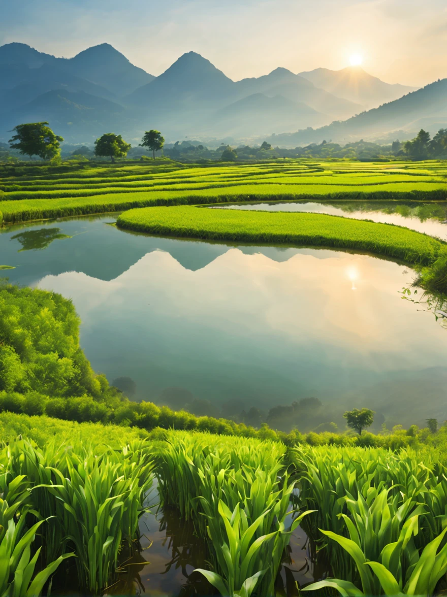 paddy,Beautiful and detailed scenery,bright colors,Sparkling water reflection,Lush green plants,sun kissed fields,Hazy mountains,Farmland stretches into the distance