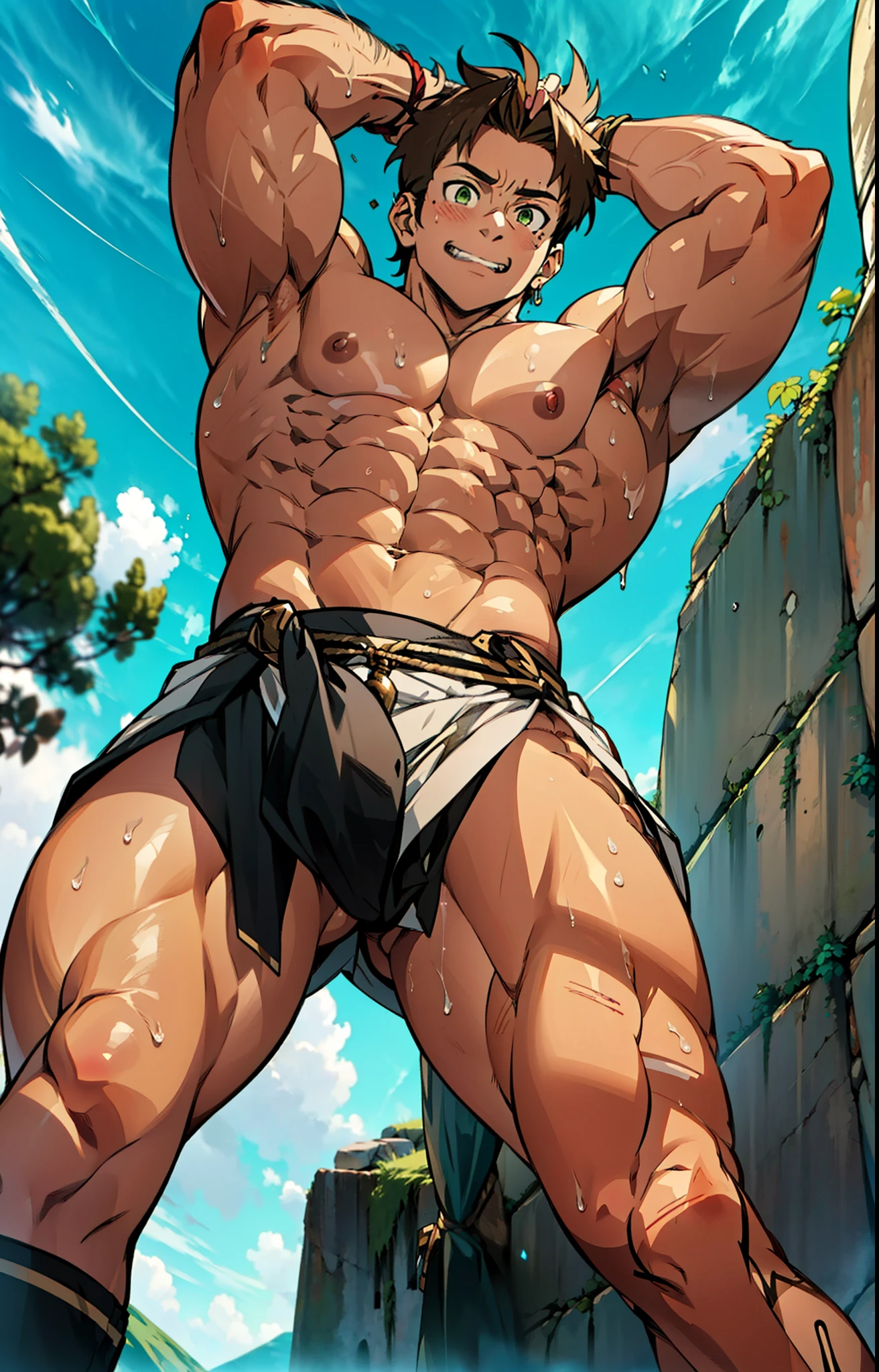 Showing off his muscular muscular back, red skin, bright red skin, the boy blushed shyly , rosy skin, shiny skin(muscular thigh muscles )( anime style, art) (photo angle from bottom up) (photo angle from the ground upwards) [Anime photo][highest quality photo][4k,HD photo quality ] wear tight and short loincloths , bulging loincloths, torn loincloths, wet loincloths, ancient, dirty loinclothuscular thigh muscles, firm thigh muscles, muscular thigh muscles, sinewy thigh muscles, giant thigh muscles, strong leg muscles, muscular hamstring leg muscles)(thigh muscles bulging as if about to explode, muscular, calloused, sinewy, giant) , Rudeus Greyrat,fun, happy, huge body, muscular and muscular, bodybuilder, bodybuilding, standing, lots of sweat flowing down, topless, shirtless, hot sunny, 8 pack abs , short hair , green eyes,  Raise your arms high to reveal your armpits, Hands behind the head.