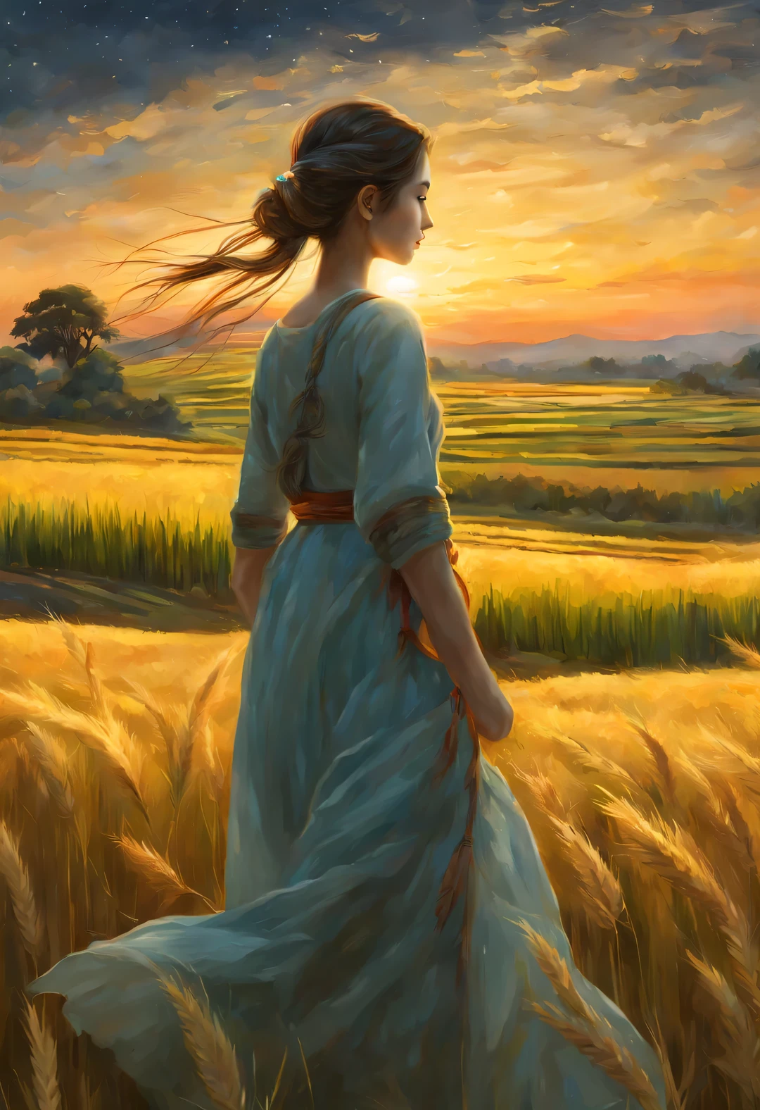 best quality, 4k, 8k, high level, masterpiece: 1.2, Super detailed, actual: 1.37,
(Endless rice fields), The back of a little girl in the distance, Sky, dreamy atmosphere, bright color palette, Vibrant shades, Impressionist brushstrokes, Subtle lighting effects, sunset on the horizon, Wheat dances in the wind, Peaceful and tranquil atmosphere, the harmony between nature and Sky, textured brushstrokes, Abundant and vibrant crops, Endless dusk atmosphere, Tranquil pastoral scenery, The night is illuminated by shining stars, creates Peaceful and tranquil atmosphere, Peaceful and picturesque setting, Inspired by the style and techniques of Van Gogh, Describe the sublime atmosphere, ethereal beauty, and fascinating celestial phenomena,