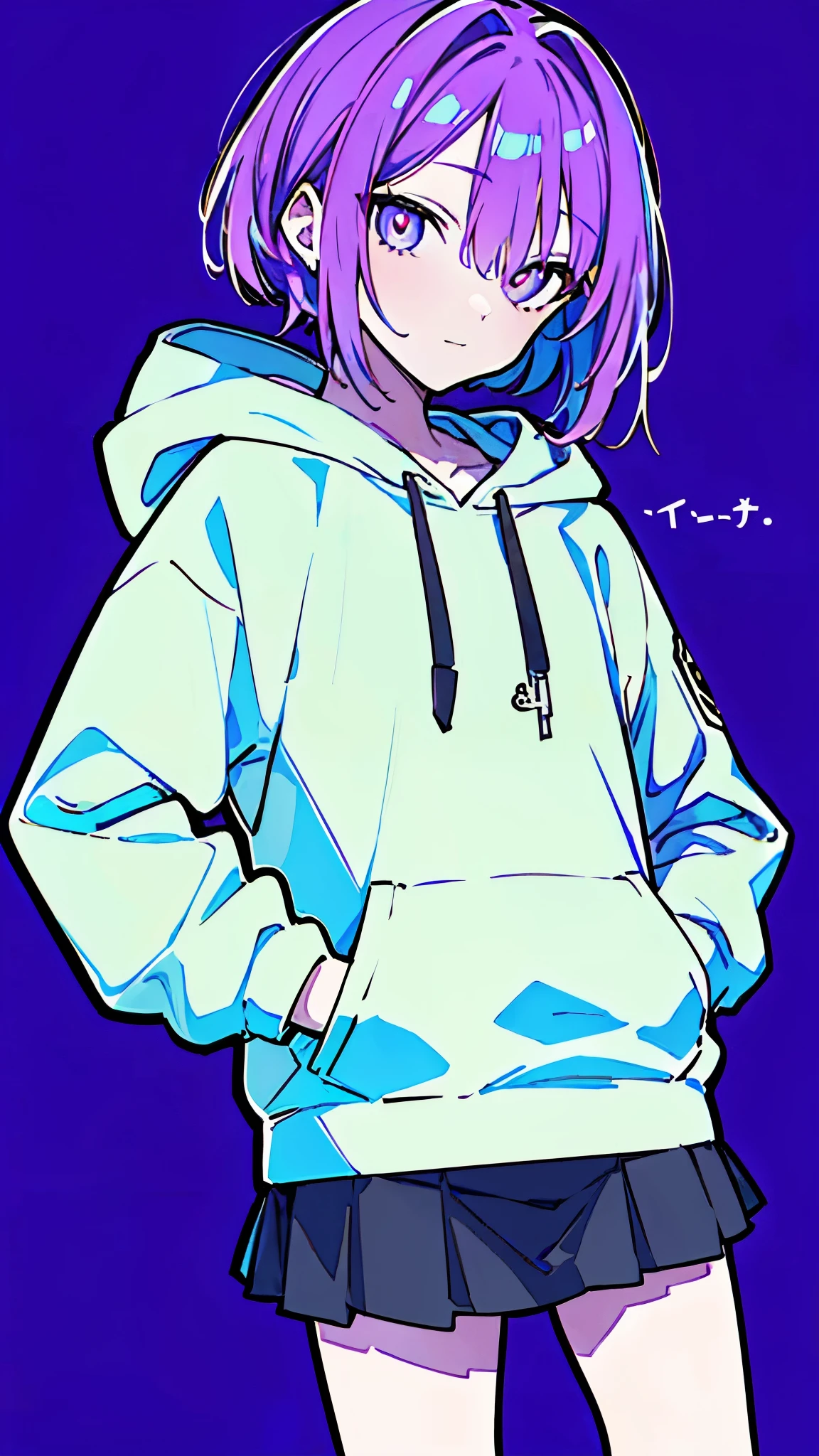 (masterpiece, highest quality:1.6), alone, thick outline, (simple background, bright purple background, monochrome, bright purple theme:1.2), official art, Key Visual, 8k, confused, whole body, (unique hair, oversized hoodie, Skirts to look at, short torso:1.2), belly button, thighs, cowboy shot, HDR, sharp focus, High resolution, most detailed, very detailed, Super detailed, finely, detailed eyes and face, sharp pupils, realistic student, alone, alone, put one's hand in one's pocket